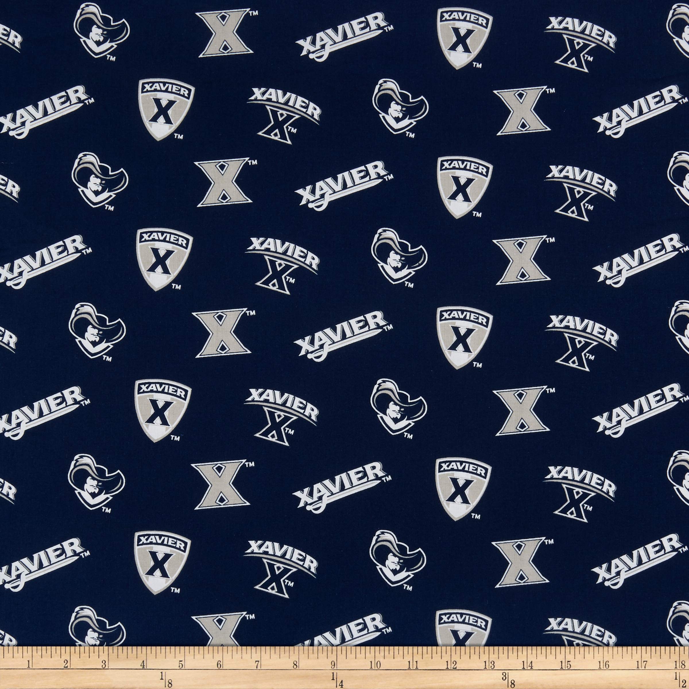 NCAA Xavier Tossed Logo Quilt Fabric by Sykel Enterprises - Navy & Grey Cotton Fabric by The Yard for DIY Quilting, Blankets, and Home Decor Projects