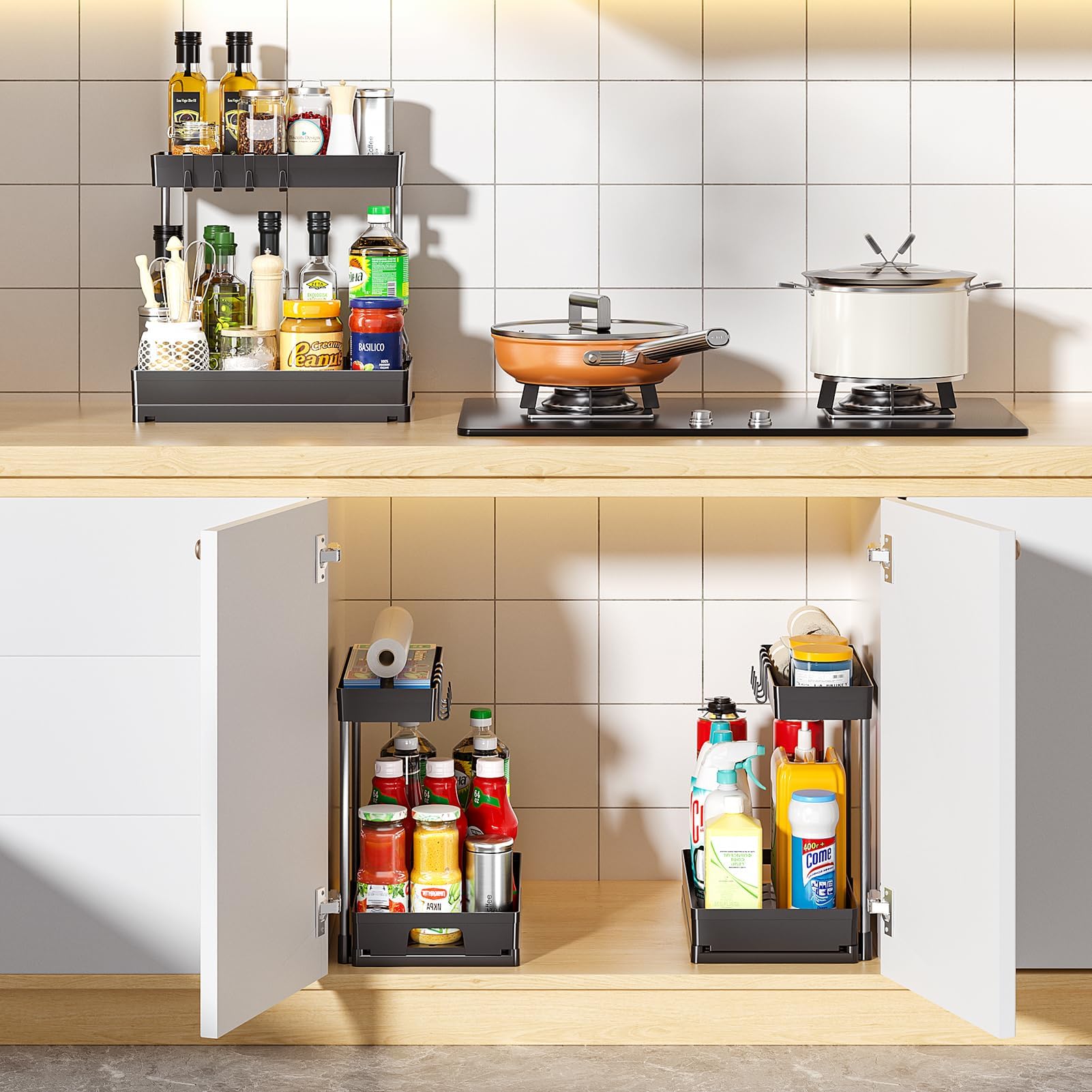 2 Pack Under Sink Organizers and Storage - 2 Tier L-Shape Pull Out Cabinet Organizer for Kitchen & Bathroom, Black Under Counter Storage with Drawer - Perfect for Maximizing Space Under Sink in Small Kitchens, Bathrooms, RVs and Apartments