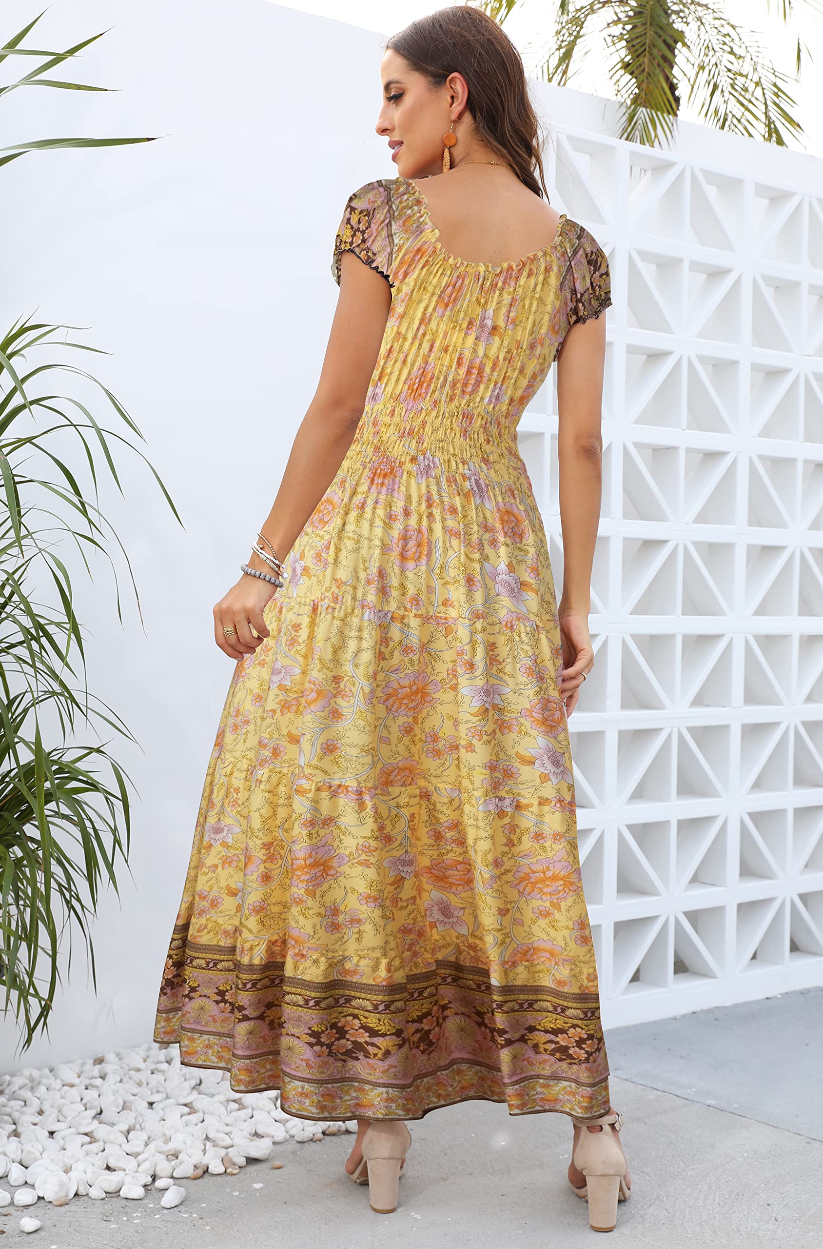 OSTOO Women's 2025 Summer Floral Maxi Dress - Boho Tiered Long Dress with Short Sleeves, Casual Flowy Beach Dress for Vacation, Party & Outdoor Date