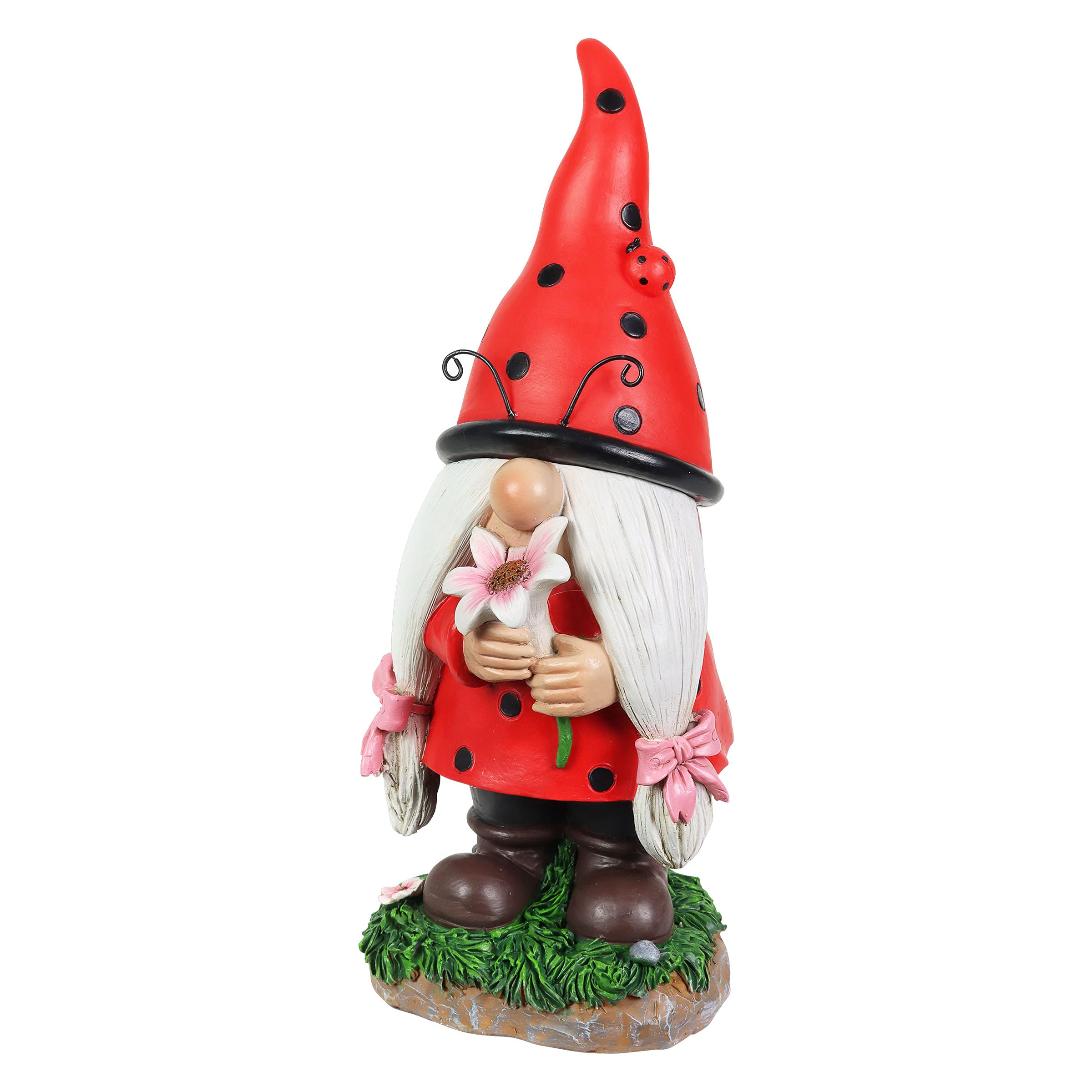 Solar-Powered Ladybug Gnome Statue with LED Lights – 5 x 5.5 x 12.5 Inch Outdoor Garden Decor for Lawn, Yard & Patio – Exhart Garden Gnome with Red Hat & Pink Flower – Perfect for Backyard, Flower Beds & Gift Giving