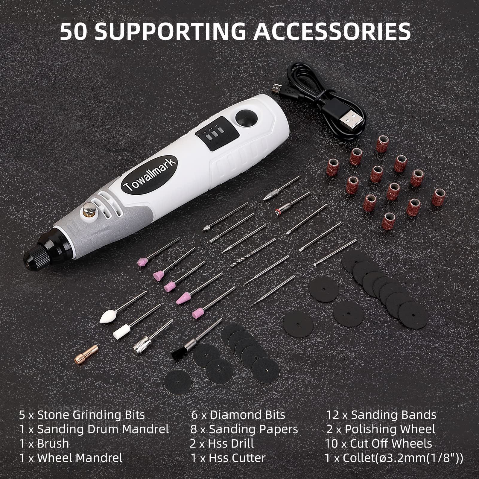 Towallmark 3.6V Cordless Rotary Tool Kit with 50 Accessories - USB Rechargeable, 3-Speed Mini Rotary Tool for Sanding, Polishing, Drilling, Engraving | Perfect for DIY Projects, Jewelry Making, Woodworking & Home Repairs
