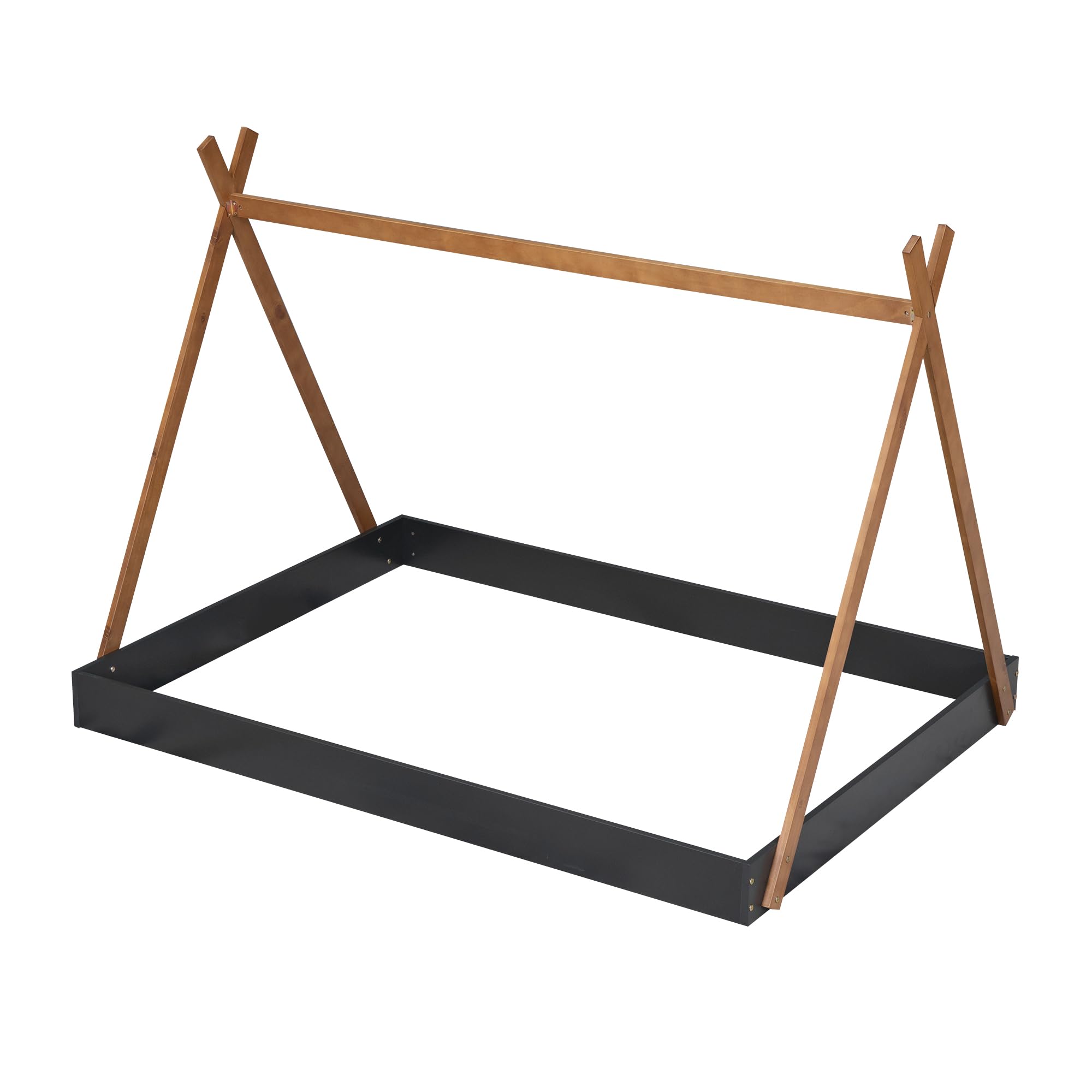 Bellemave Full Size Tent Floor Bed Frame with Sturdy Triangle Structure - Montessori Teepee Platform Bed for Kids, Girls & Boys (Full Size, Black & Brown) - Perfect for Playrooms, Bedrooms & Montessori Learning Spaces