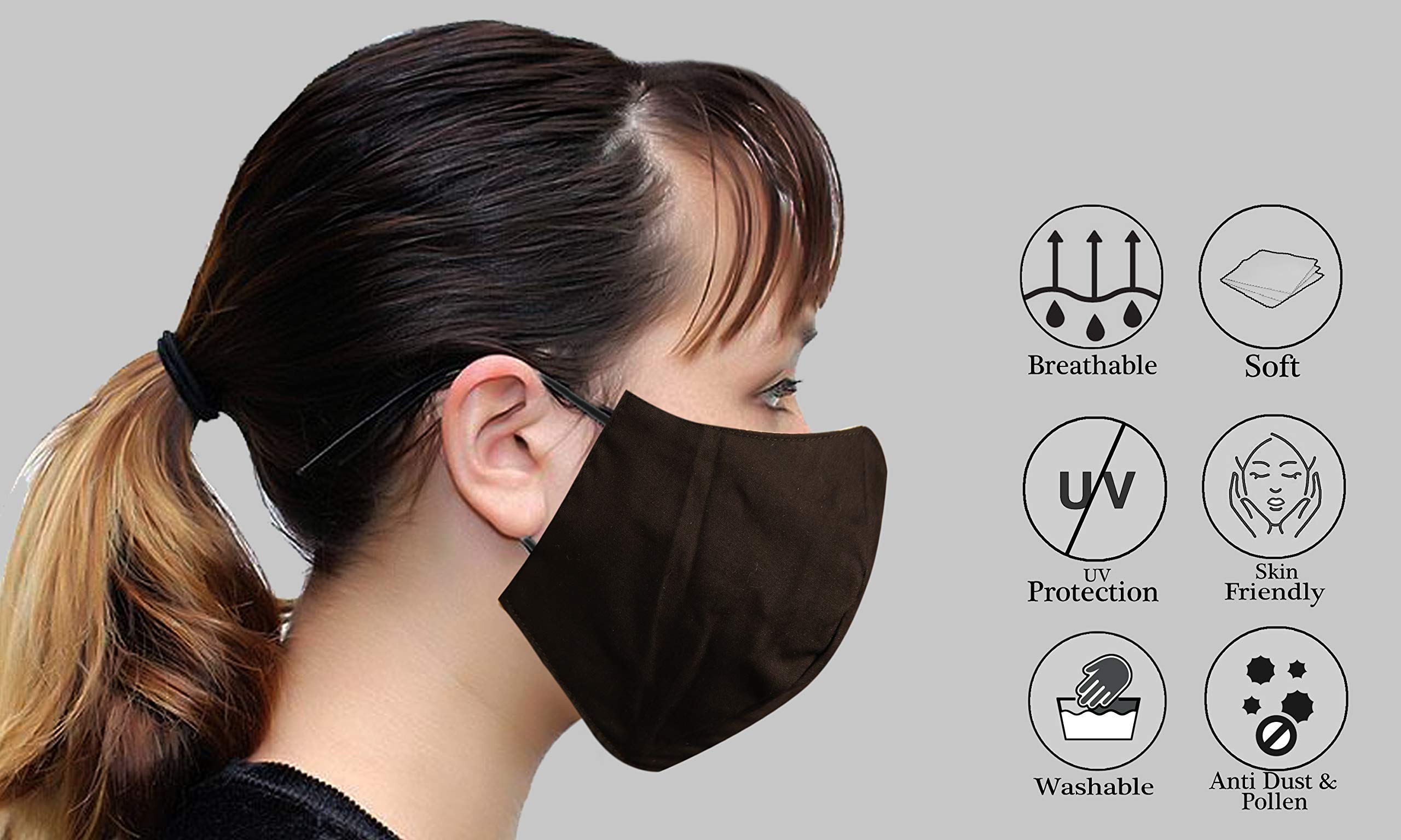 2-Ply Black Reusable Cotton Face Mask - Washable & Breathable Face Covering for Daily Use, Pack of 3 (One Size Fits All) - Perfect for Work, Travel & Outdoor Activities