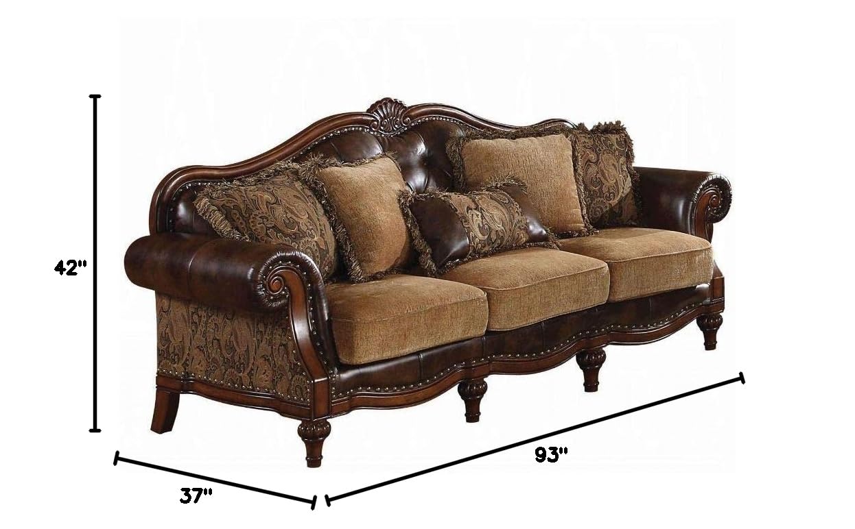 Acme Dreena Rolled Arm Faux Leather Sofa - Brown Upholstered Couch with 5 Decorative Pillows | Modern Living Room Furniture for Small Spaces & Apartments