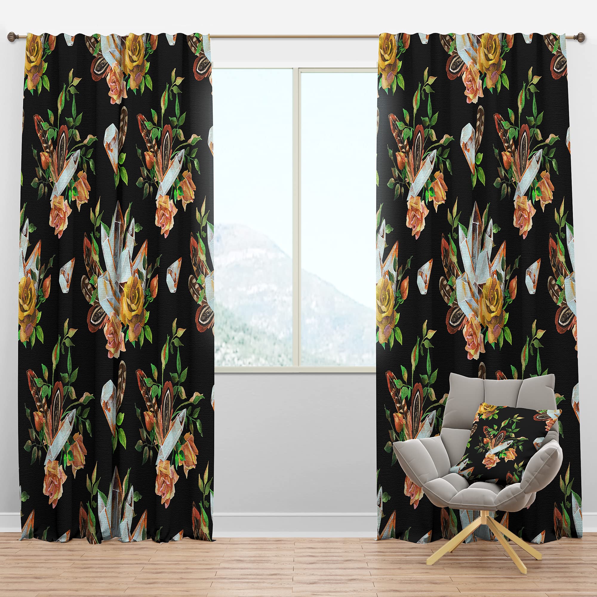 Crystal Feather Rose Watercolor Blackout Curtains - Thermal Insulated Room Darkening Drapes for Bedroom & Living Room (52x95, Single Panel) - Perfect for Home Decor, Privacy & Light Control
