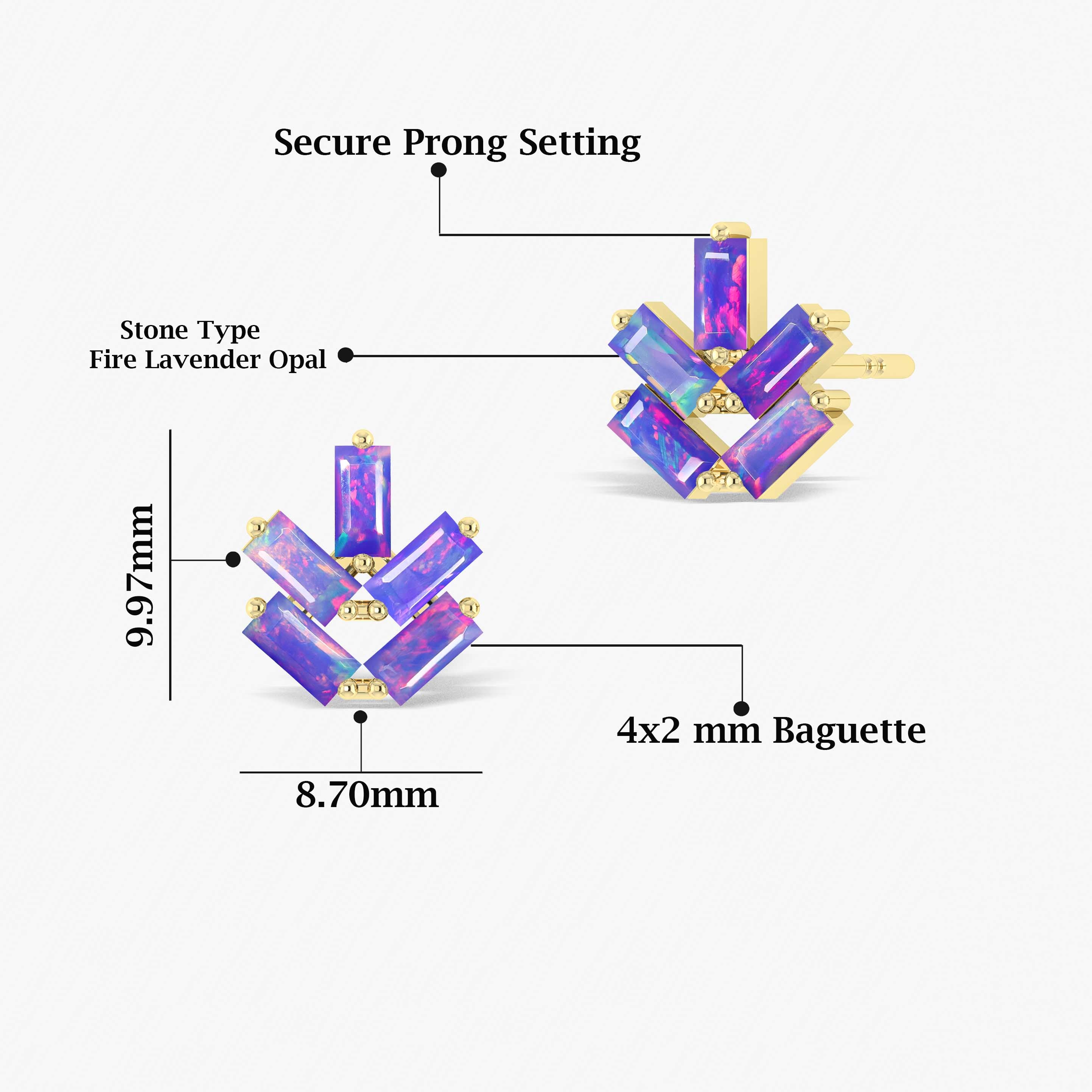 Lavender Opal Baguette Stud Earrings for Women - Dainty Gemstone Jewelry for Everyday Wear & Special Occasions