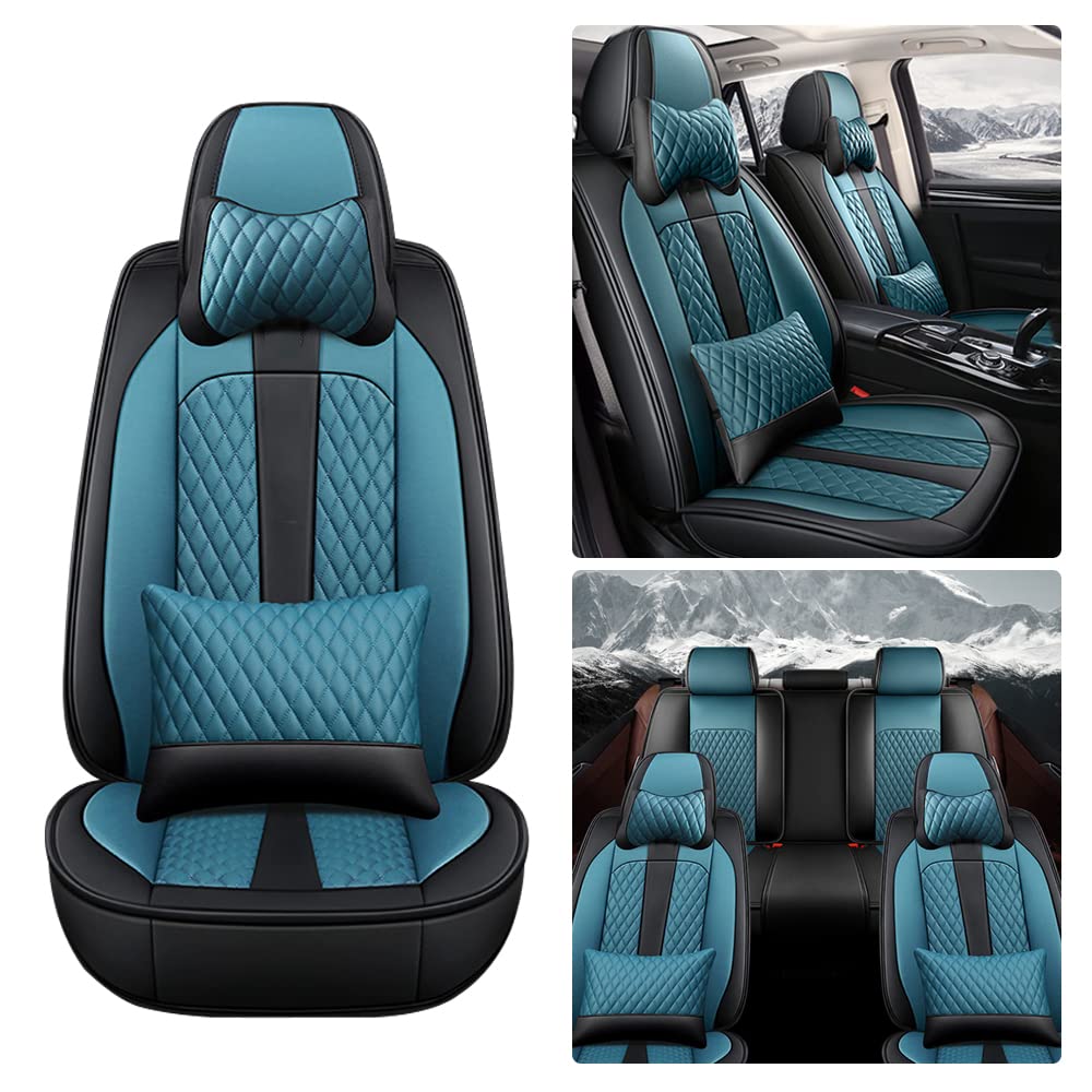 Premium Genuine Leather Car Seat Covers for Nissan Juke Acenta - Waterproof, Scratch-Resistant, Non-Slip Design with Airbag Compatibility (Full Set, Black/Blue) - Perfect for Daily Commuting, Road Trips & Car Interior Protection