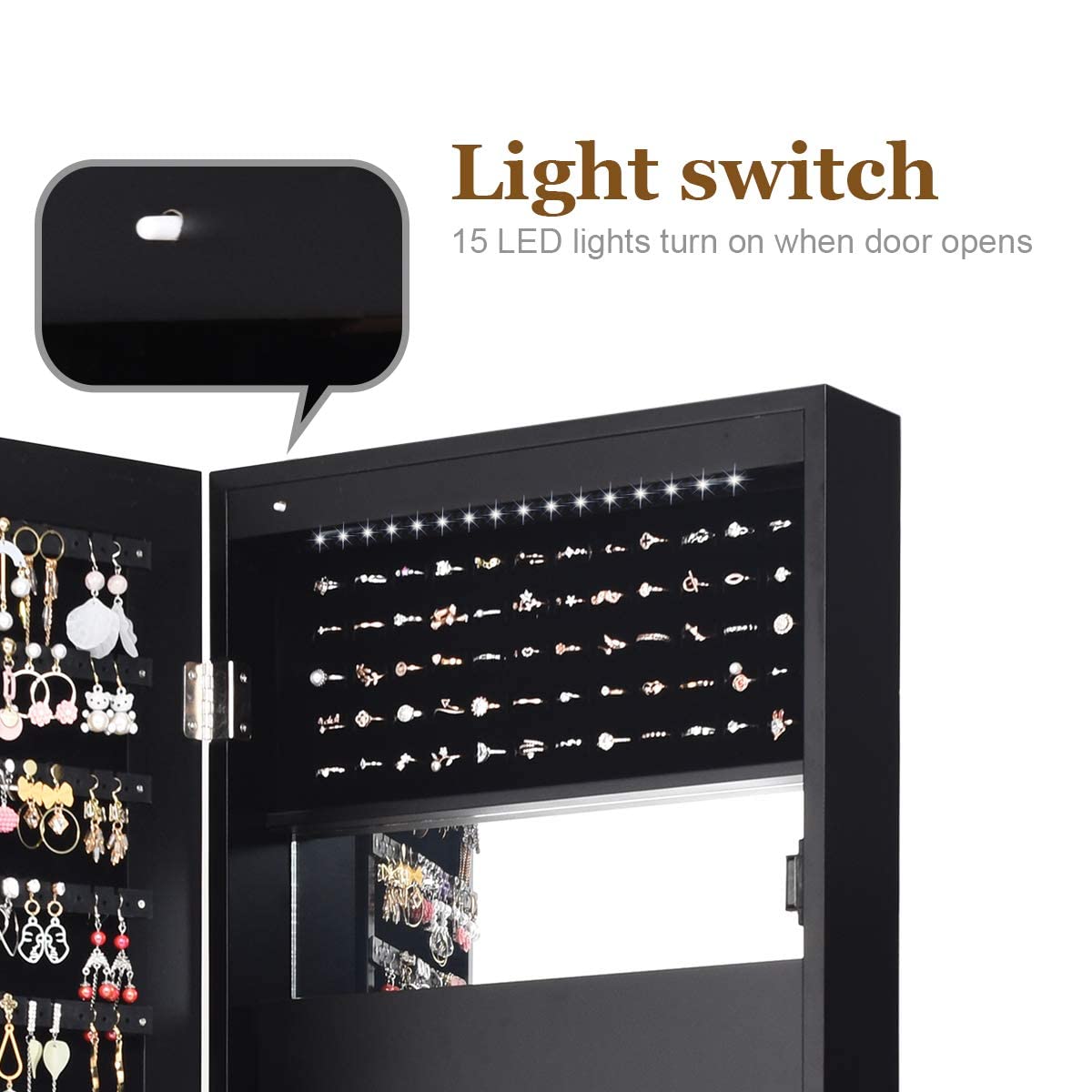 MAT EXPERT 15-LED Jewelry Armoire with Full-Length Mirror - Lockable Wall/Door Mounted Jewelry Cabinet Organizer with LED Lights - Perfect for Bedroom, Dressing Room & Makeup Display (Black)