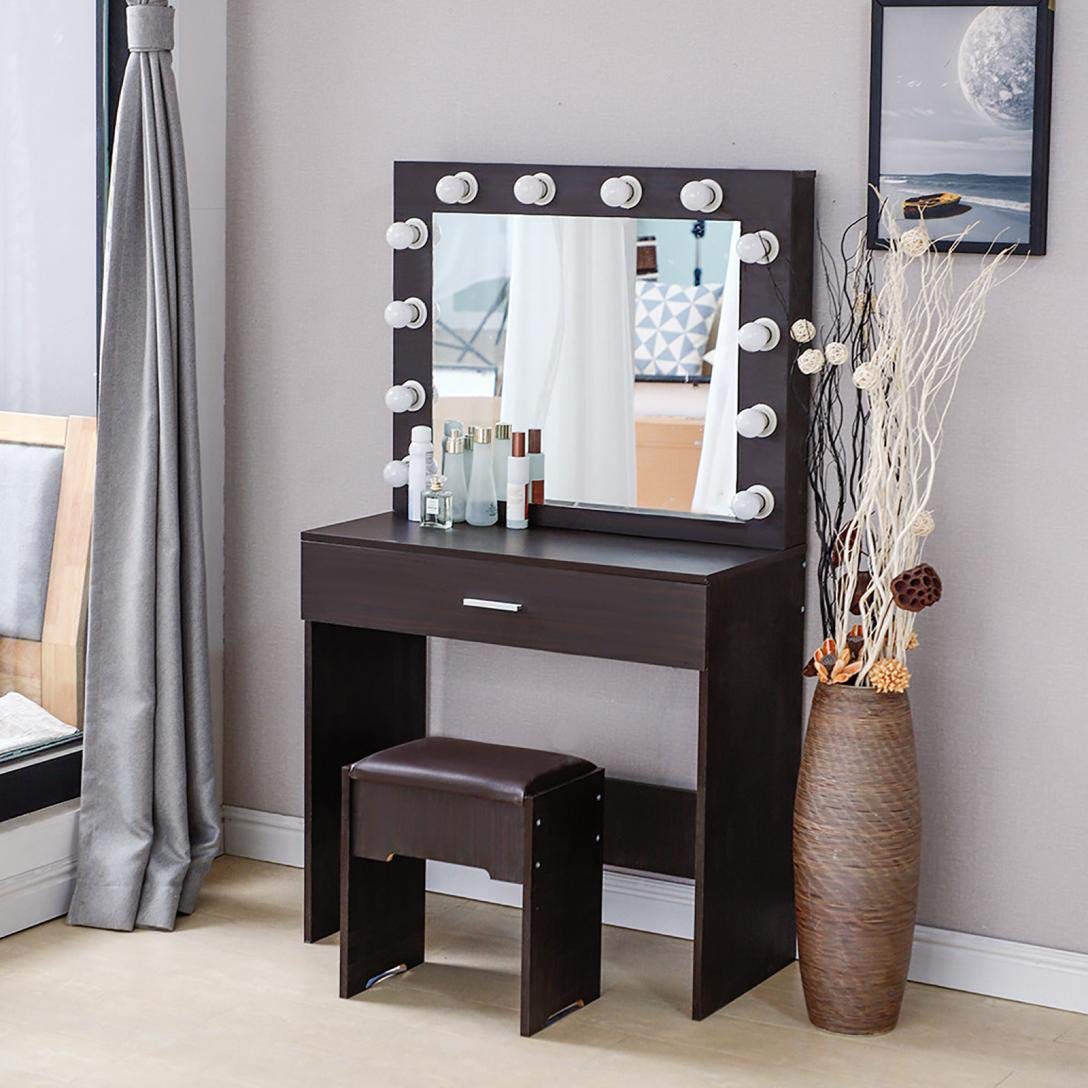 YADEOU Vanity Set with Lighted Mirror - 12 Cool LED Bulbs, Makeup Dressing Table with Large Drawer & Cushioned Stool, White/Black - Perfect Gift for Mother's Day, Women's Bedroom Decor & Beauty Station - Easy Assembly for Home Use