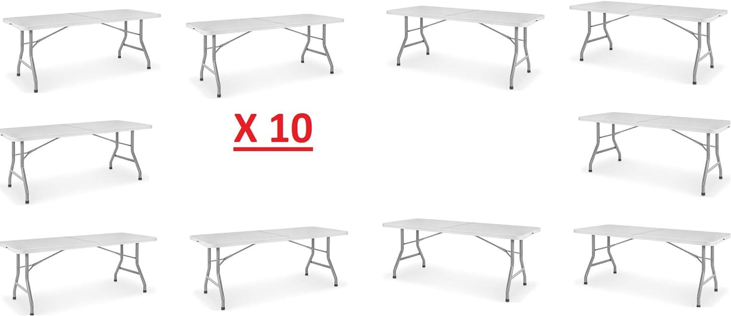 6ft White Folding Tables 10 Pack - Portable Lightweight Utility Tables for Camping, Banquets, Parties | Half-Fold Design with Carry Handle | Ideal for Indoor/Outdoor Events, Picnics, Office Work & Dining