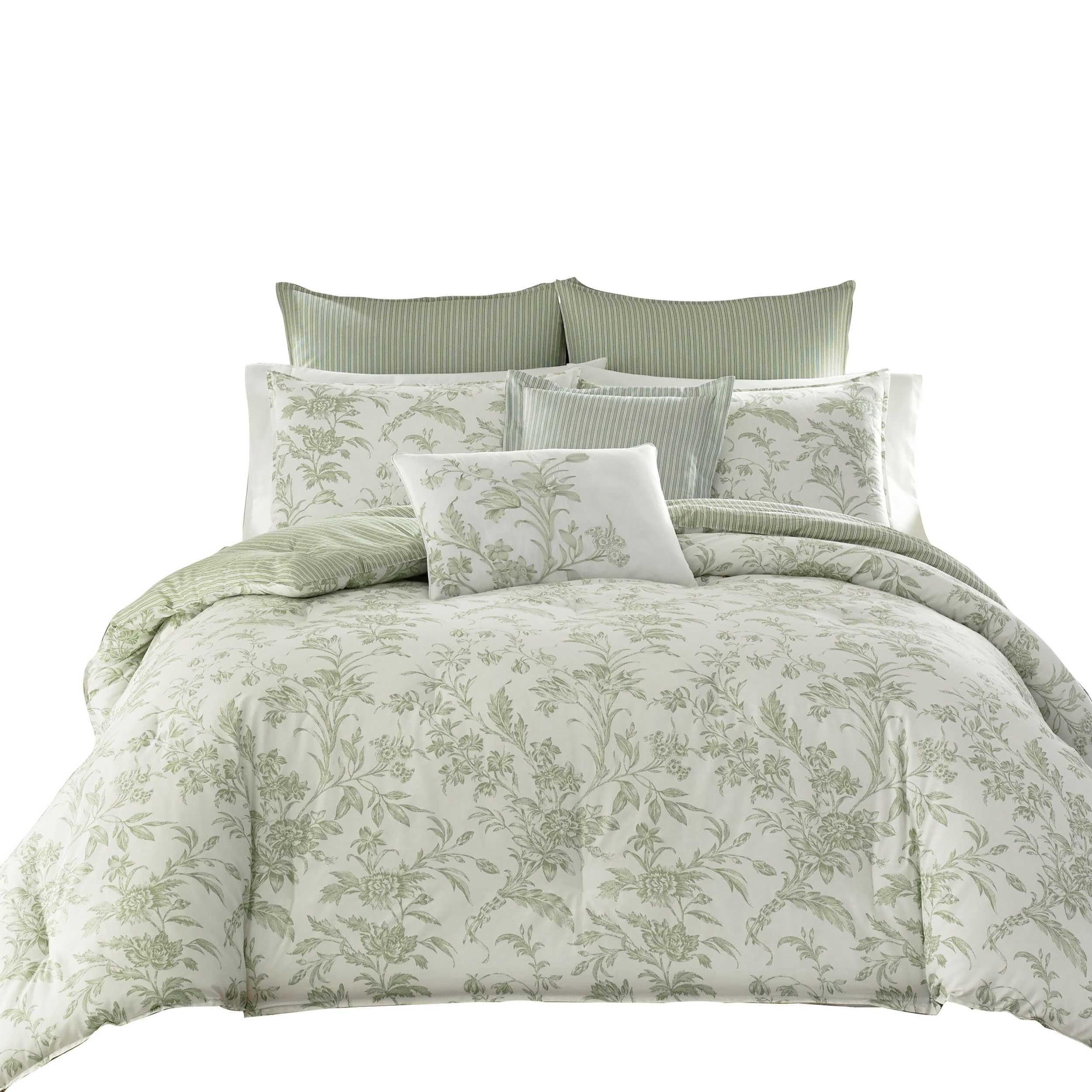 Laura Ashley Home - King Size Reversible Cotton Duvet Cover Set with Matching Shams, Euro Shams & Throw Pillows (Natalie Green) - Luxury Bedroom Decor for Master Suite & Guest Room