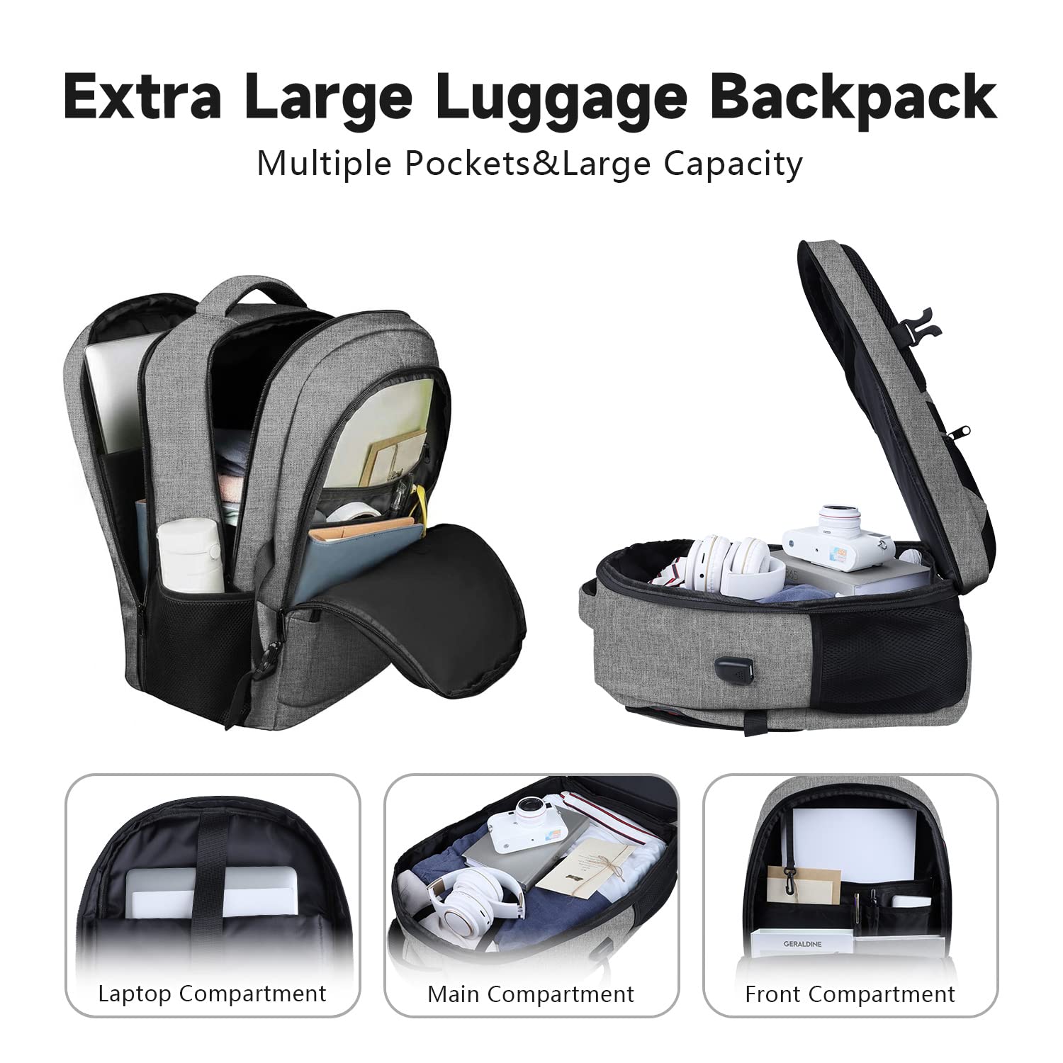 Lapsouno Extra Large 17 Inch Laptop Backpack - Anti-Theft USB Charging Travel Backpack for College & Work - Water Resistant Computer Bag for Men & Women (Grey) - Perfect for Business Trips, Commuting & School