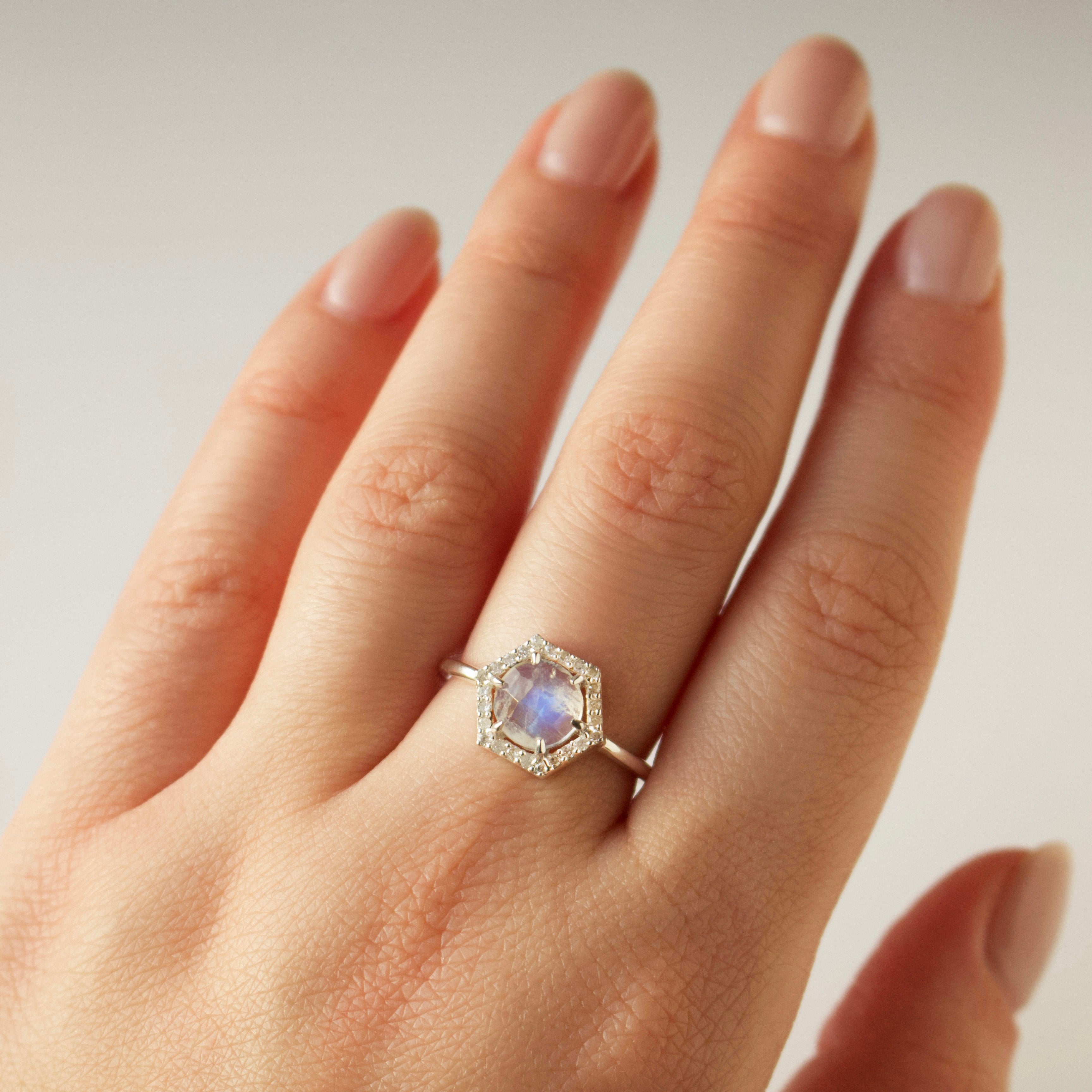 Moonstone & Diamond Hexagon Ring for Women - Elegant Vintage Jewelry for Engagement, Wedding, Anniversary & Special Occasions