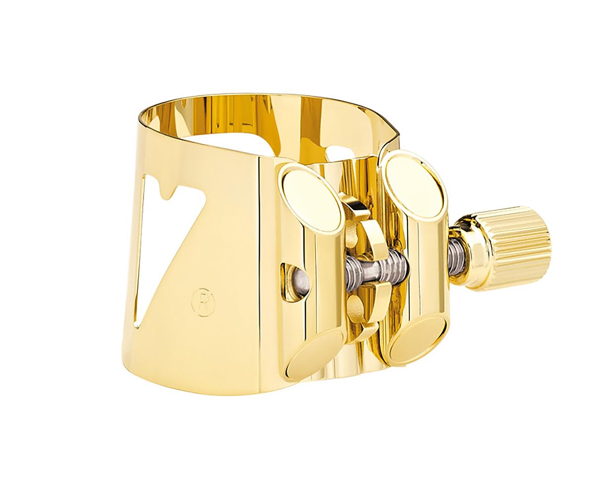 Vandoren LC06P Optimum Ligature & Plastic Cap for Soprano Saxophone - Gold Plated with 3 Interchangeable Pressure Plates, Black | Perfect for Jazz, Classical & Studio Performances
