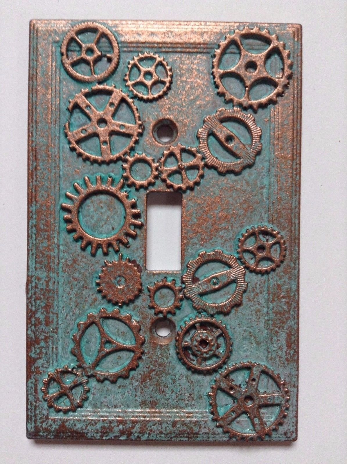 Steampunk Gears Stone Copper Patina Light Switch Cover - Custom Vintage Industrial Style for Home Decor, Office, or Themed Rooms