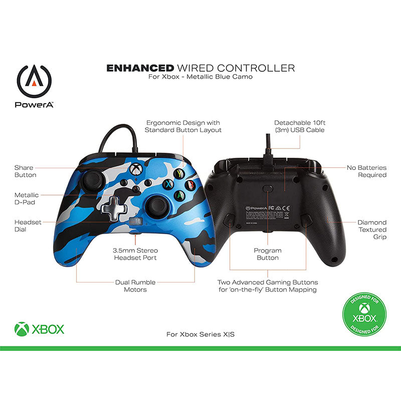 PowerA Wired Controller for Xbox Series X/S - Metallic Blue Camo Design - Perfect for Gaming, Streaming & Competitive Play