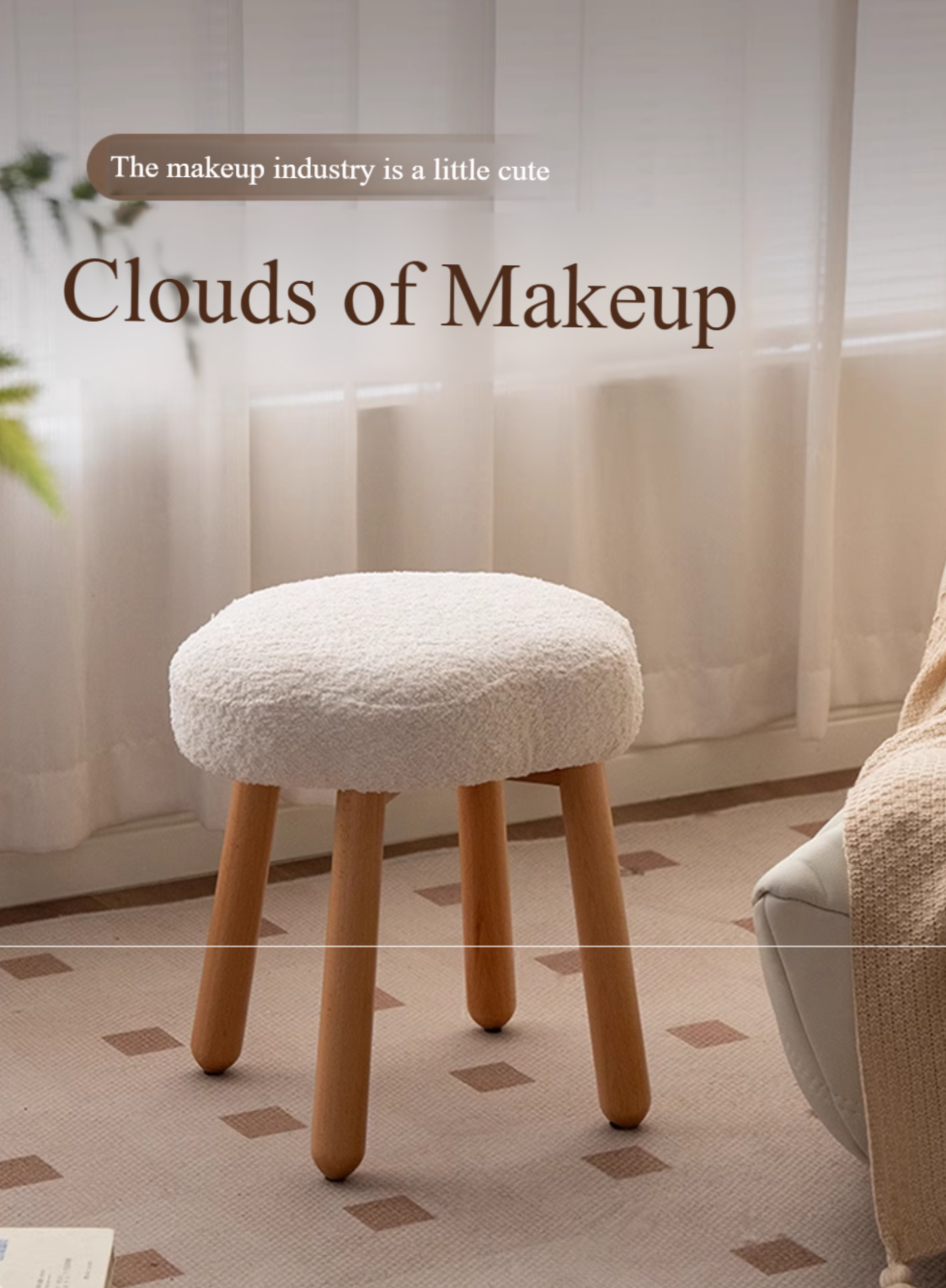 Solid Wood Makeup Stool - Beech & Birch with Lamb Velvet Upholstery | Cloud-Shaped Seat for Vanity, Dressing Room & Bedroom Decor