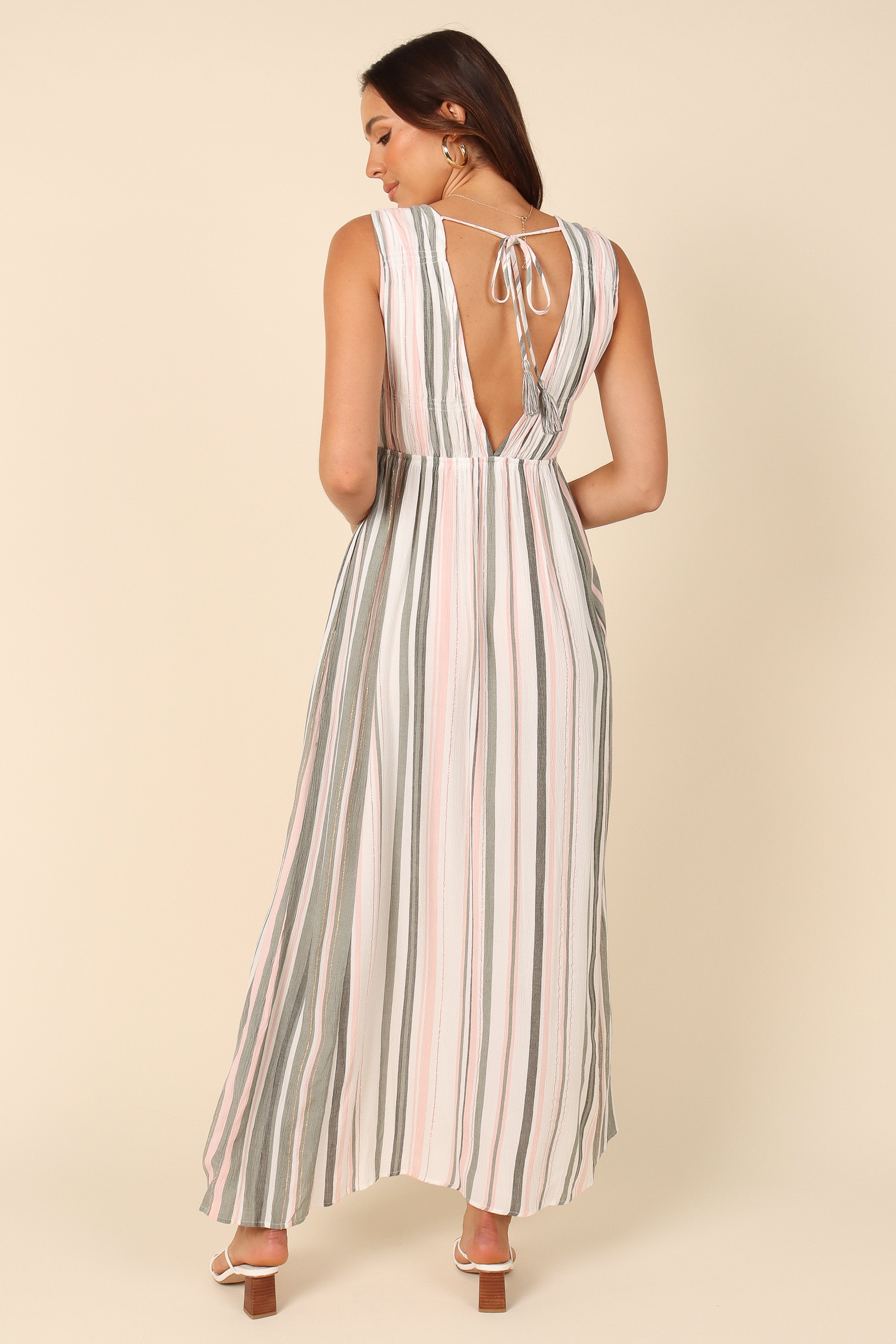 Judd Women's V-Neck Maxi Dress - Olive Stripe Flowy Long Dress for Summer, Beach, and Casual Wear
