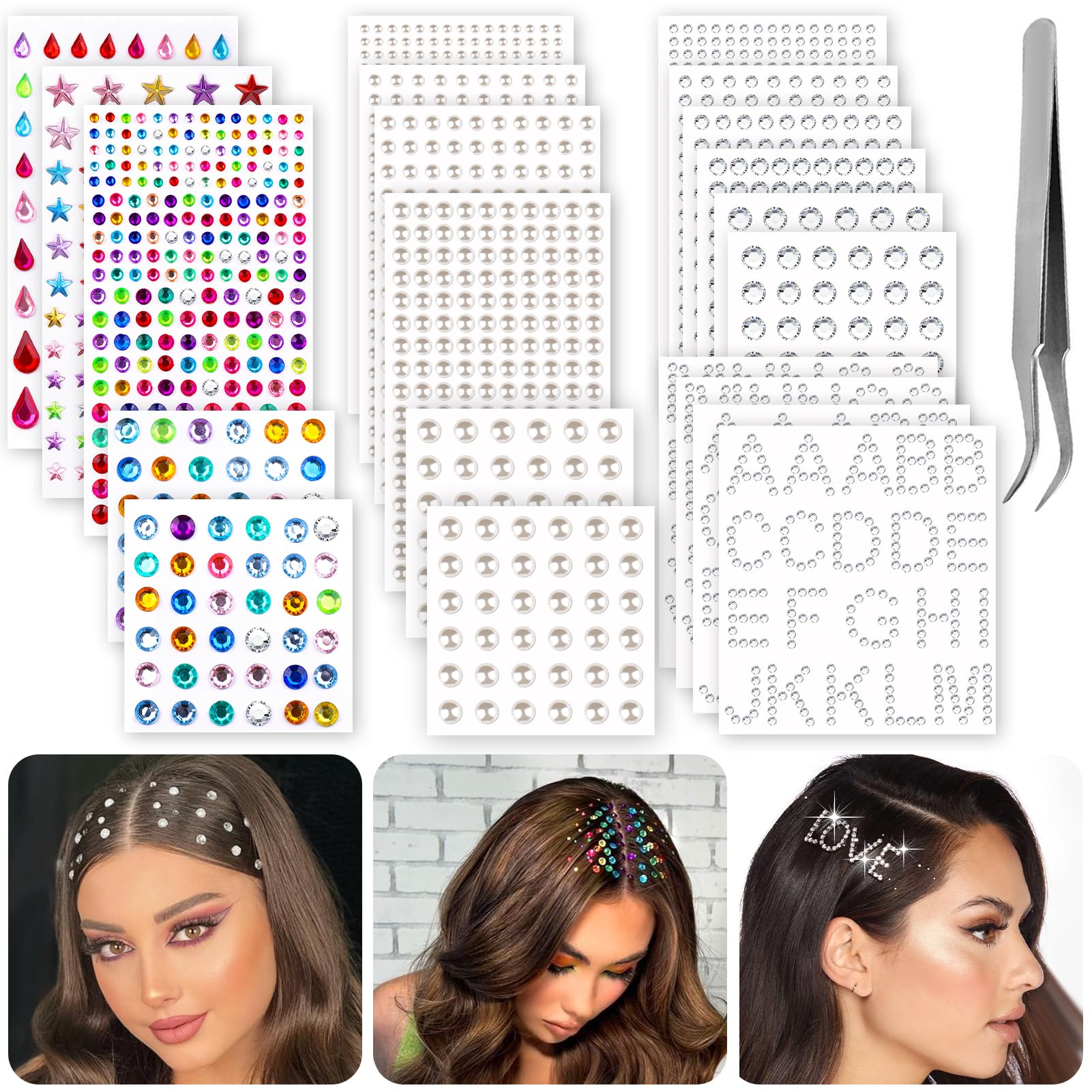 2609 Pieces Self-Adhesive Hair Gems Kit - Rhinestone Letters, Diamonds & Pearls with Tweezers for Hair, Nails, Face & Clothing (6 Shapes, 3-8mm) - Perfect for DIY Crafts, Party Makeup & Fashion Accessories