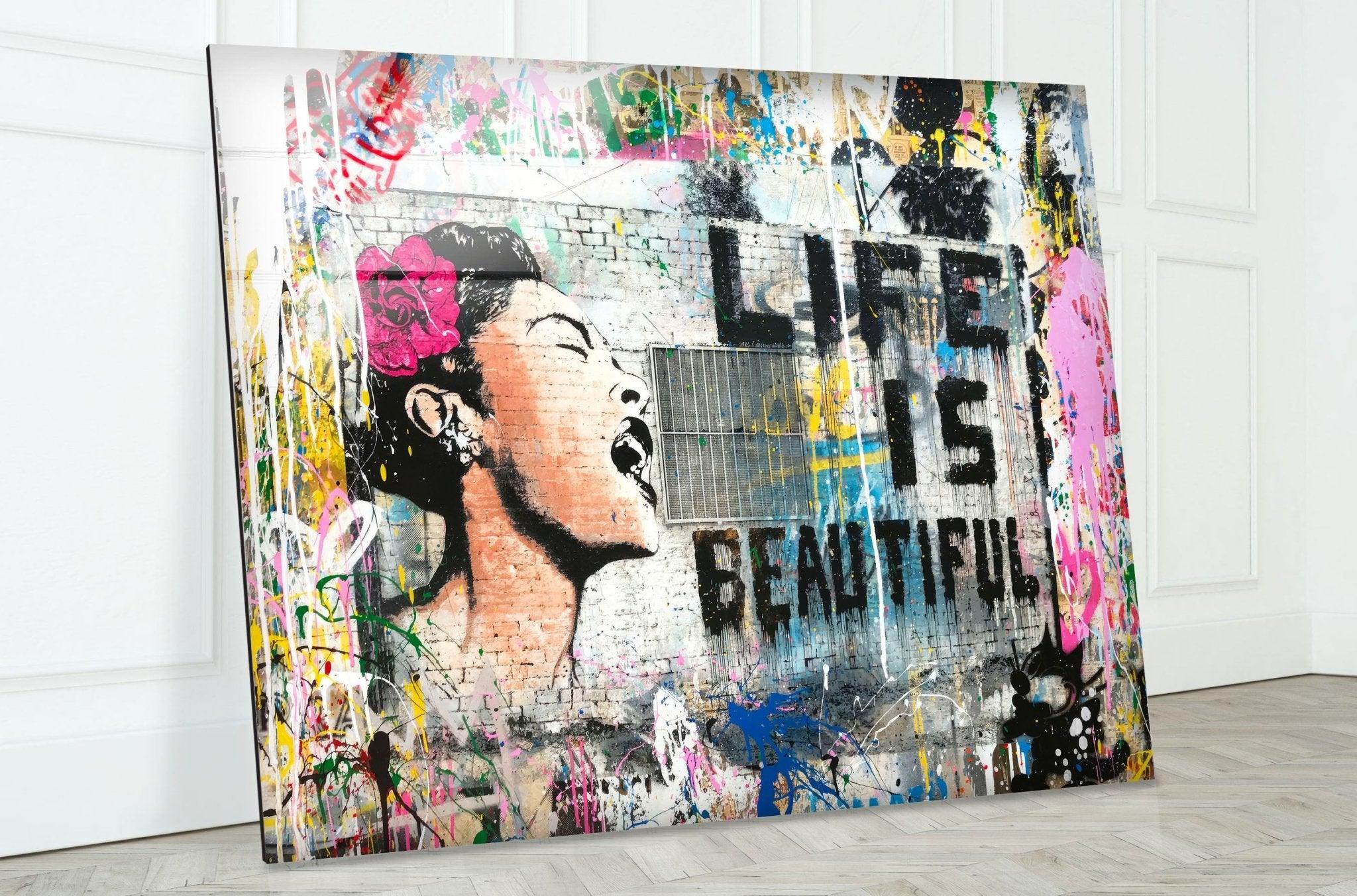 Banksy Life is Beautiful Glass Wall Art - Modern Home Decor for Living Room, Bedroom & Office - Unique Street Art Inspired Glass Print