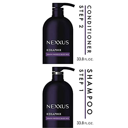 Nexxus Keraphix Repairing Conditioner for Damaged Hair - 33.8 oz | Intense Hydration & Protein Treatment for Dry, Brittle Hair - Salon Quality Hair Care    Nexxus Keraphix Strengthening Shampoo for Damaged Hair - 33.8 oz | Deep Cleansing & Repairing Formula for Weak, Over-Processed Hair - Professional Hair Restoration    (Use for daily haircare routine, post-color treatment recovery, or heat-damage repair to restore softness and shine)