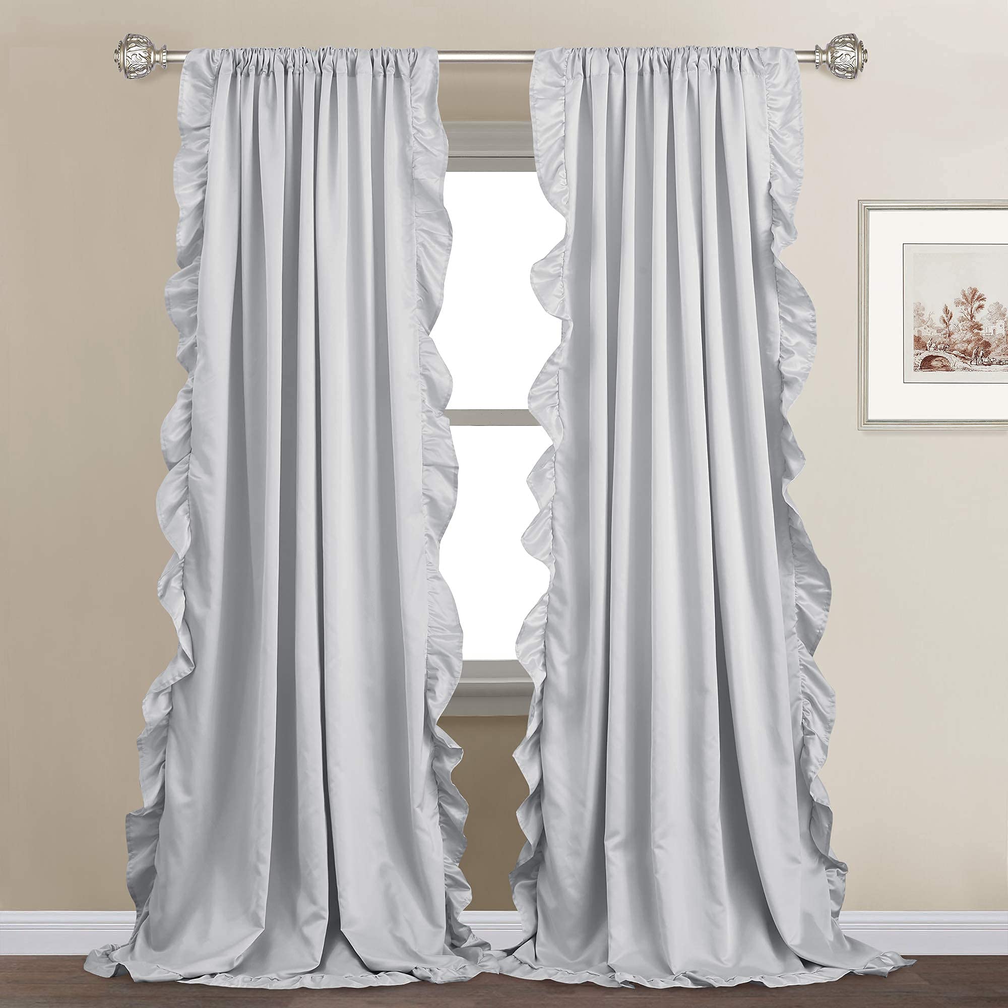 StangH Grey Ruffle Faux Silk Window Curtains - 52x84 Inch Blackout Room Divider Panels for Living Room, Dining Room & Bathroom Decor - Elegant Privacy Drapes for Home & Office Use