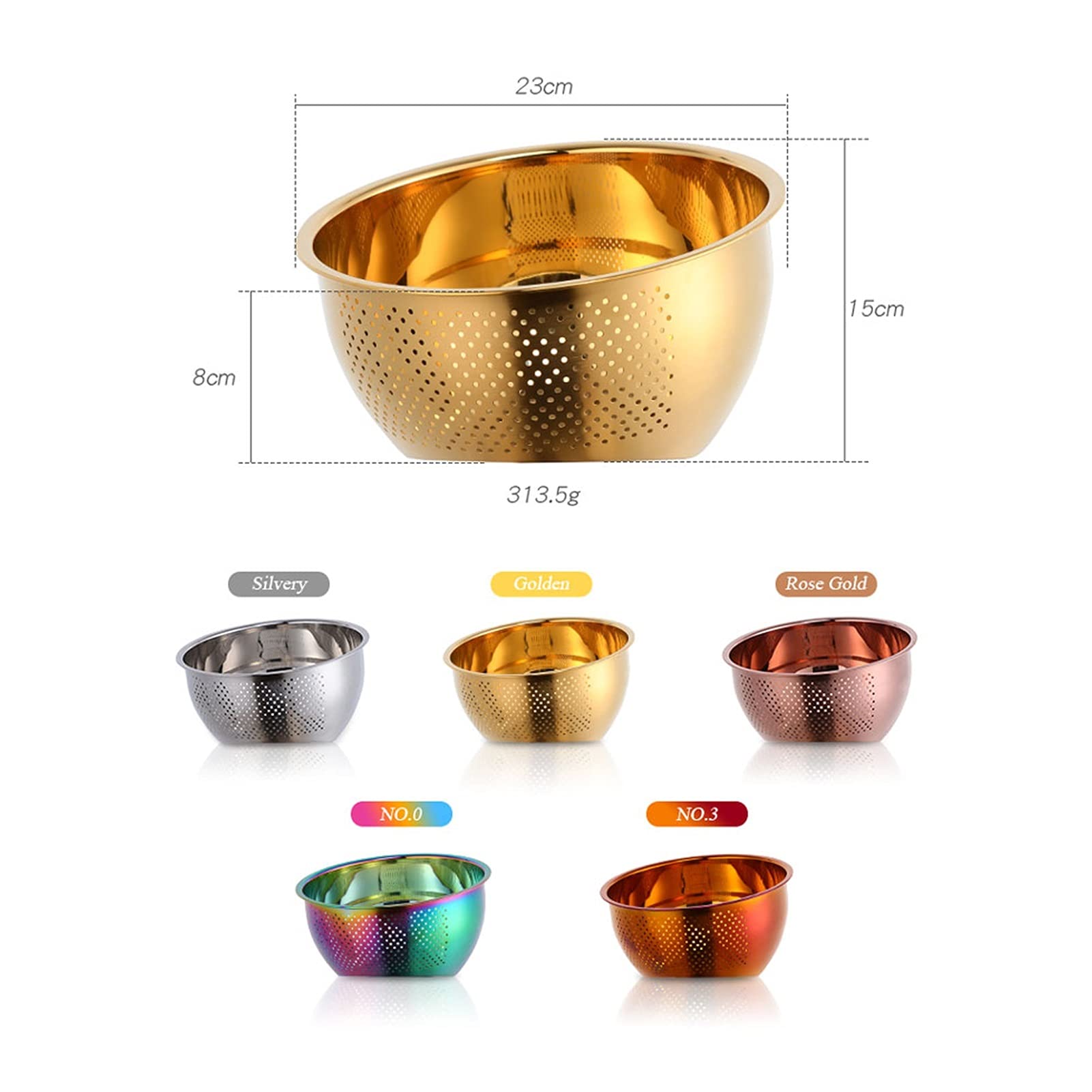 Stainless Steel Colander Strainer Basket - Rainbow No.3 Kitchen Sieve for Washing Rice, Pasta & Vegetables | Durable Food Strainer with Rose Gold Finish | Perfect for Cooking, Meal Prep & Drain Pasta Water
