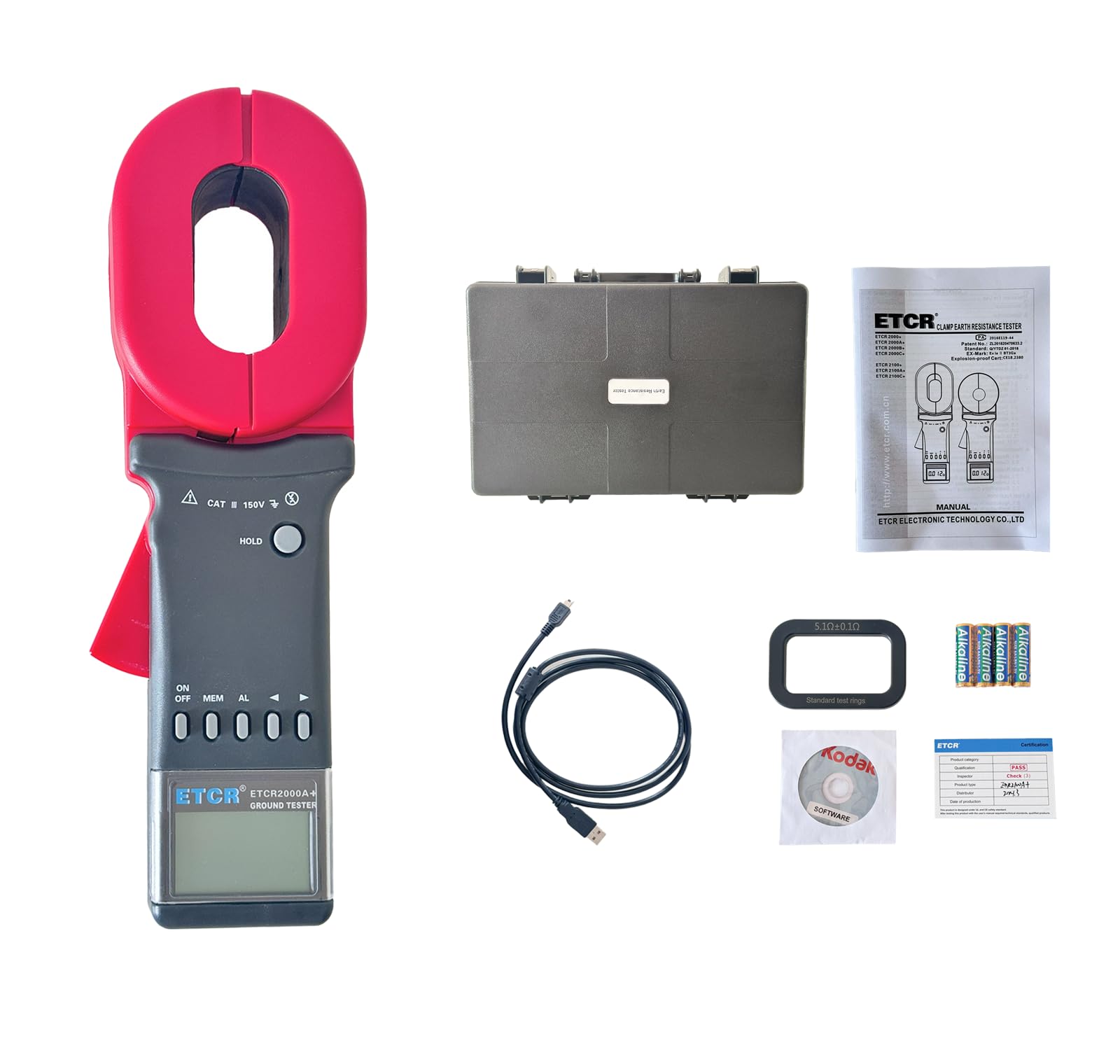 ETCR2000A+ Digital Clamp Ground Resistance Tester - 0.010Ω to 200Ω Range, USB Data Interface, Double Insulation - Perfect for Electrical Maintenance, Solar Panel Installation & Industrial Safety Testing
