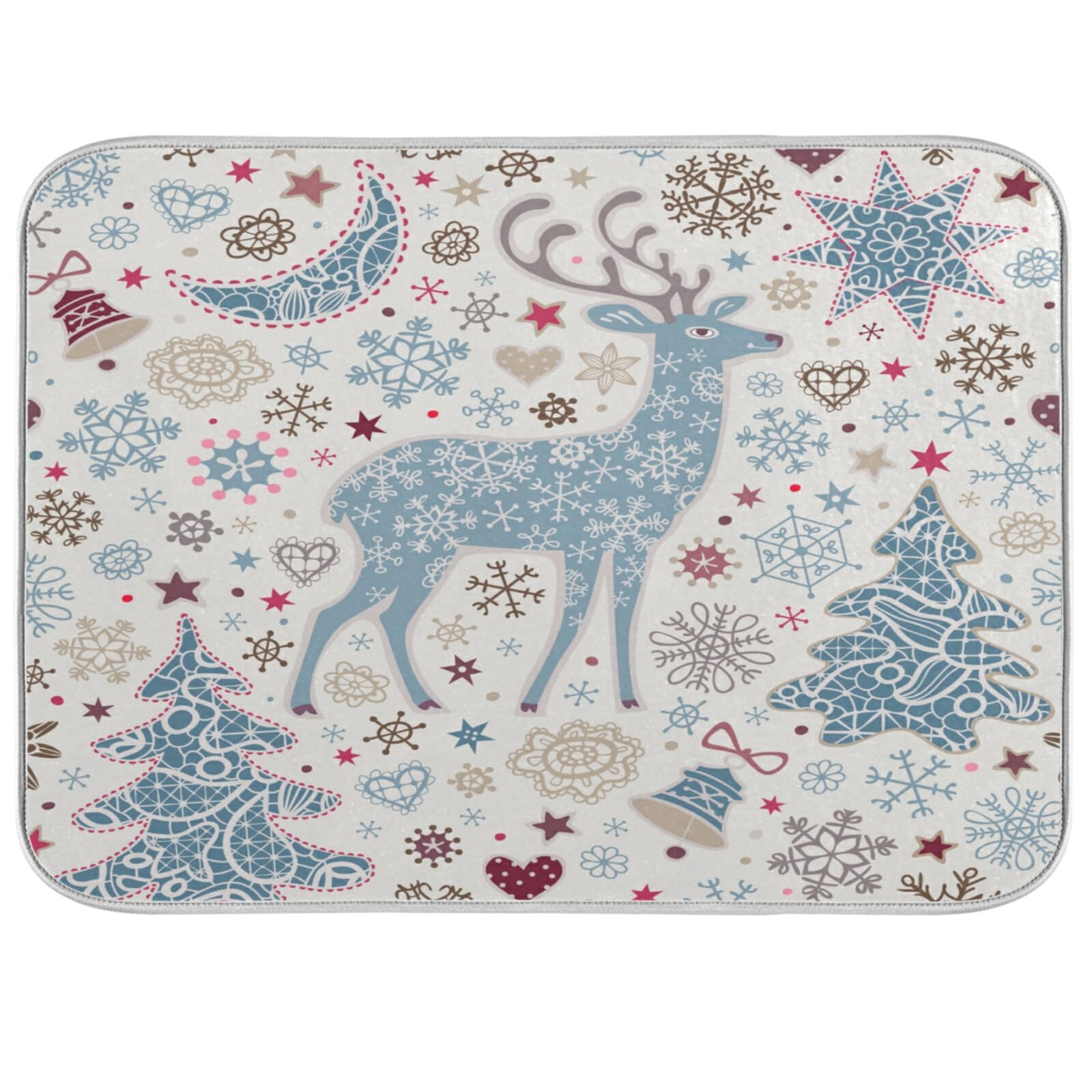 Blue Christmas Deer Kitchen Dish Drying Mat - 16x18 Inch Absorbent Microfiber Countertop Drying Pad, Dish Rack & Drainer Mat - Perfect for Holiday Decor & Daily Dish Drying