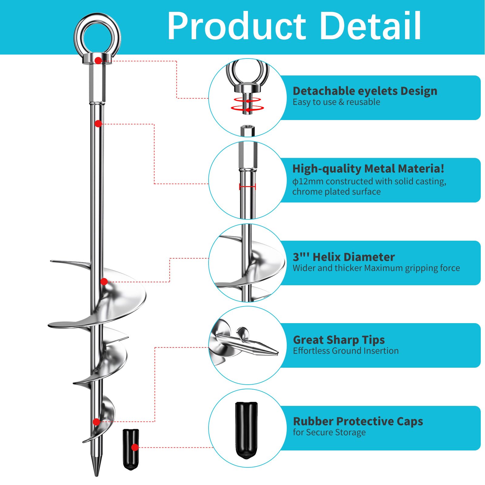 18'' Heavy Duty Fully Welded Screw-in Ground Anchors - Chrome Plated Anti-Rust Swing Set Anchors with Straps | Secure Trampolines, Dog Runs & Outdoor Equipment in High Winds | Durable Wind-Resistant Stakes for Backyard, Playground & Garden Use