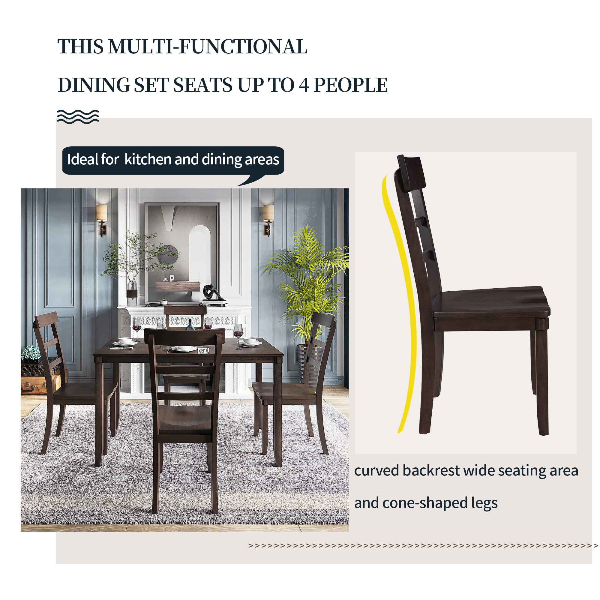 Modern Farmhouse 5-Piece Kitchen Dining Table Set - 45.5 Inch Solid Wood Table with 4 Comfortable Chairs, Breakfast Nook Set for 4 People (Espresso Finish) - Perfect for Small Spaces, Family Meals & Cozy Gatherings