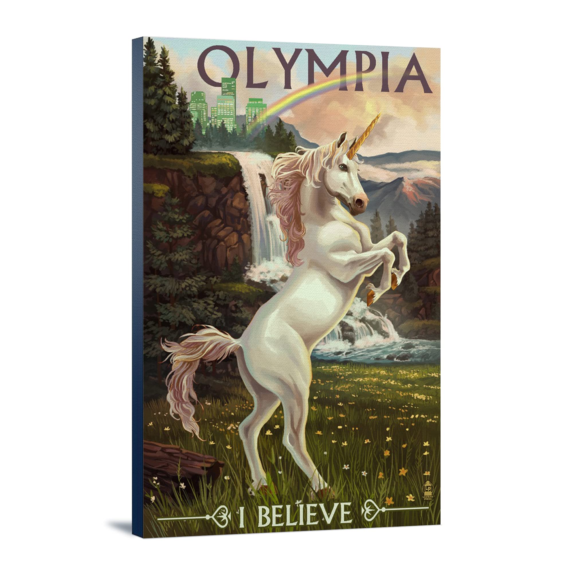 Lantern Press Olympia Washington Unicorn Scene - 16x24 Wrapped Canvas Wall Art for Home Decor | Fantasy Bedroom, Nursery & Living Room Wall Decor