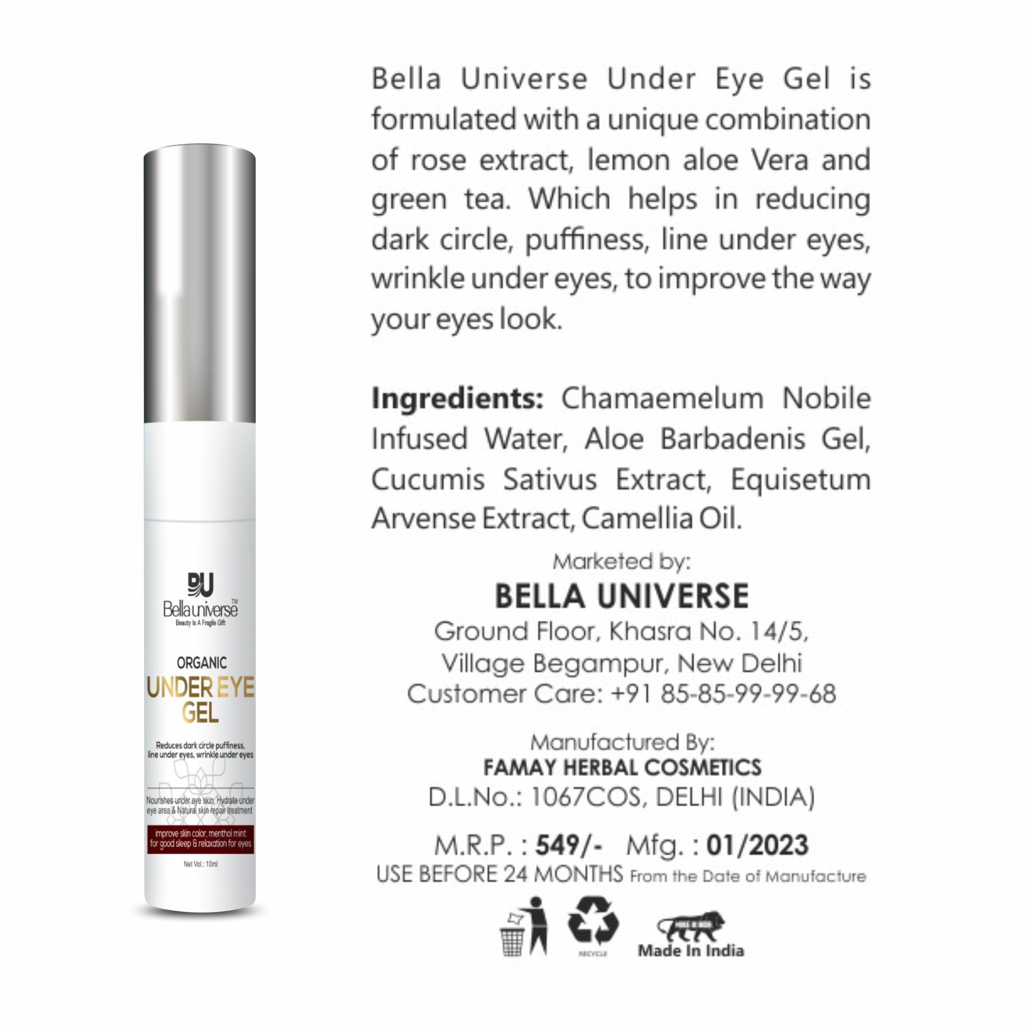 BELLAUNIVERSE Under Eye Gel for Dark Circles & Puffiness - Anti-Aging Eye Cream with Camellia Oil & Aloe Vera - Cooling Roller for Fine Lines & Wrinkles - Men & Women - Perfect for Morning Routine & Night Care