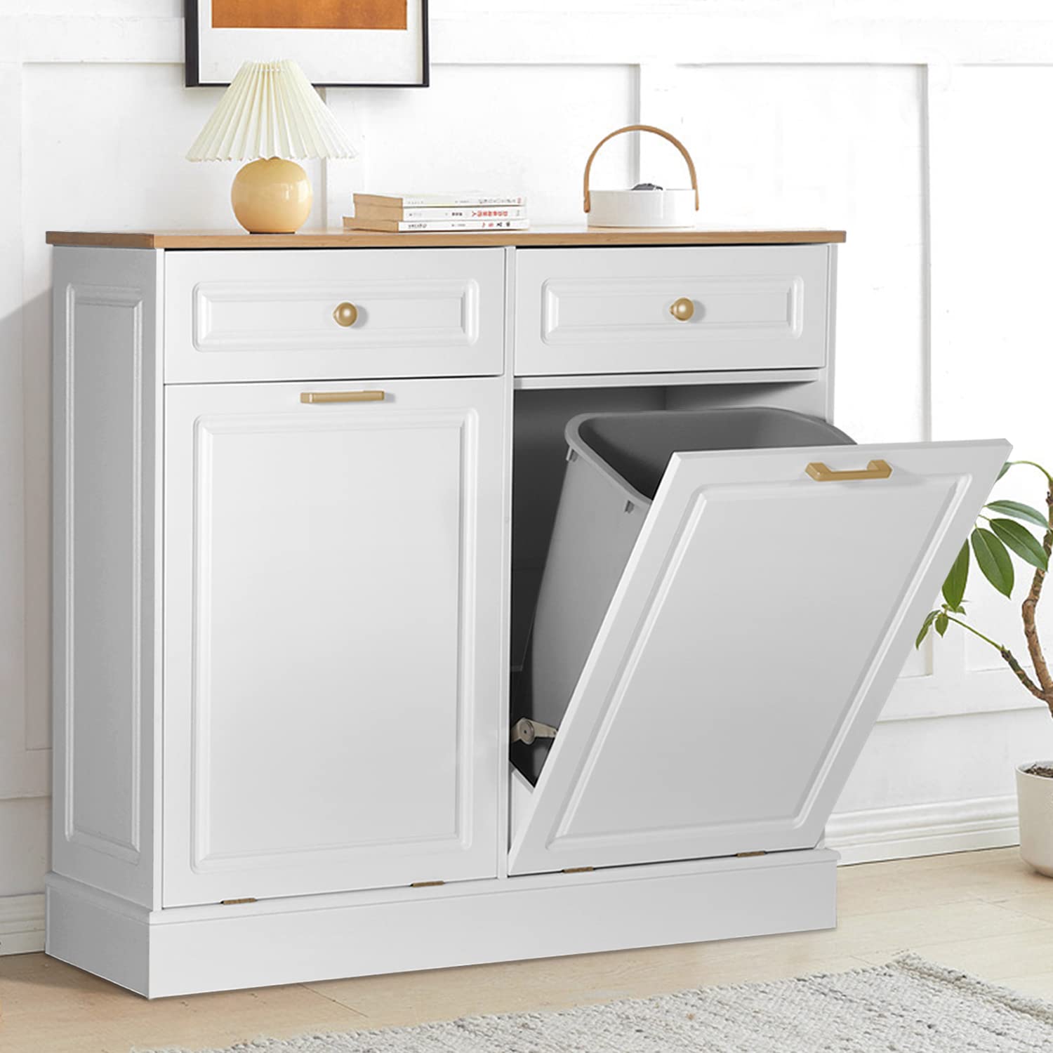 Anbuy Double Kitchen Trash Cabinet - Dual Tilt Out Design with 2 Wood Hideaway Holder Drawers, Freestanding Recycling Bin Organizer (Upgrade White) - Perfect for Small Kitchens, Pantries & Eco-Friendly Homes