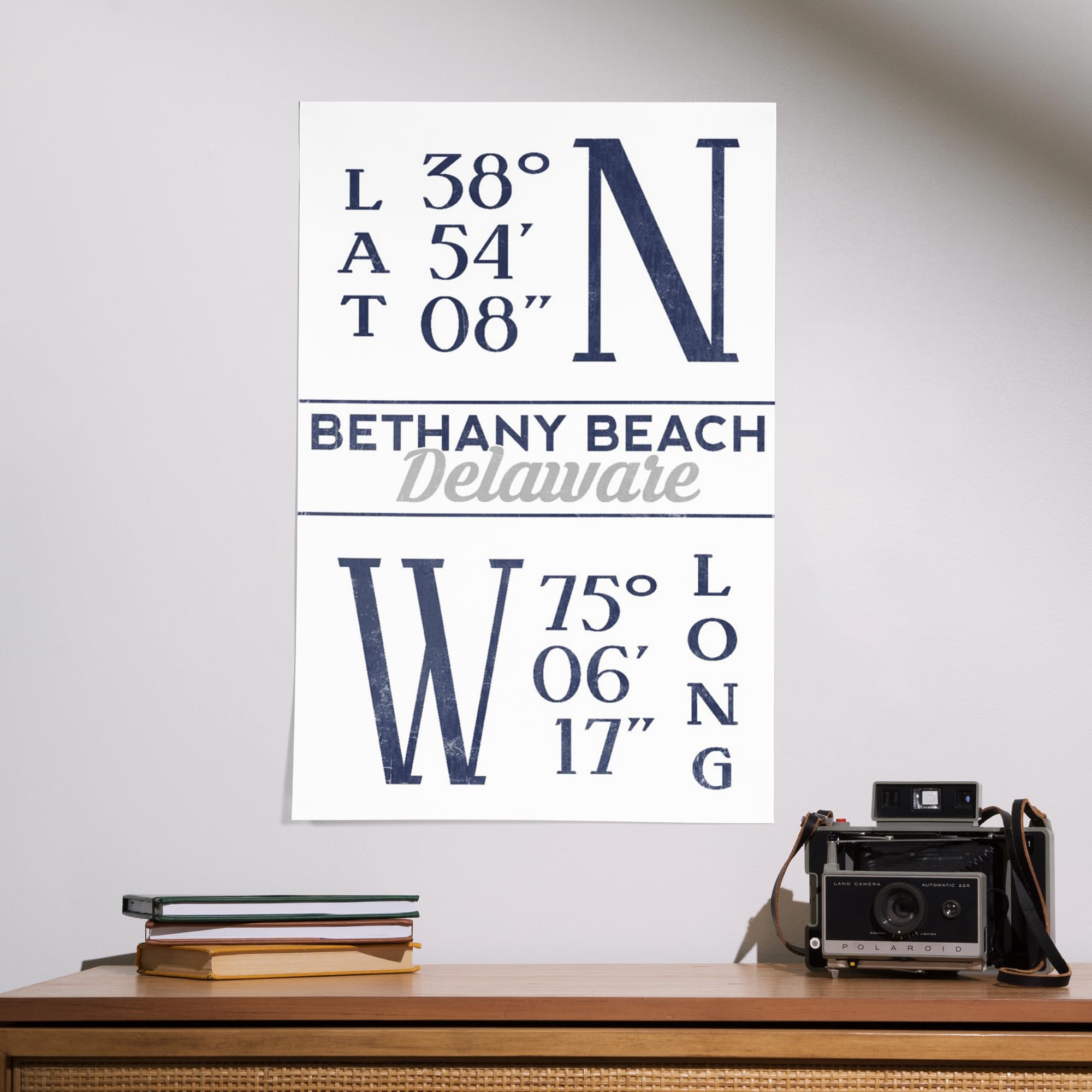 Lantern Press 16x24 Inch Giclee Art Print - Bethany Beach Delaware Coastal Wall Decor with Latitude & Longitude Coordinates (Blue) - Perfect for Beach House, Living Room or Office Wall Art