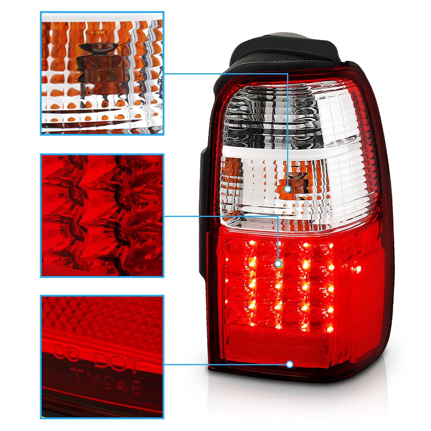 AmeriLite Red Clear LED Brake Tail Lights Replacement Set for 1996-2002 Toyota 4Runner - Left & Right Side - Enhanced Visibility & Safety for Night Driving & Off-Road Adventures