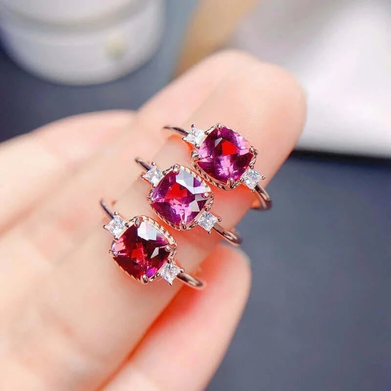 Rhodolite Red Garnet Three Stone Ring | 14K Gold Plated | Elegant Jewelry for Women | Perfect for Weddings, Anniversaries & Special Occasions