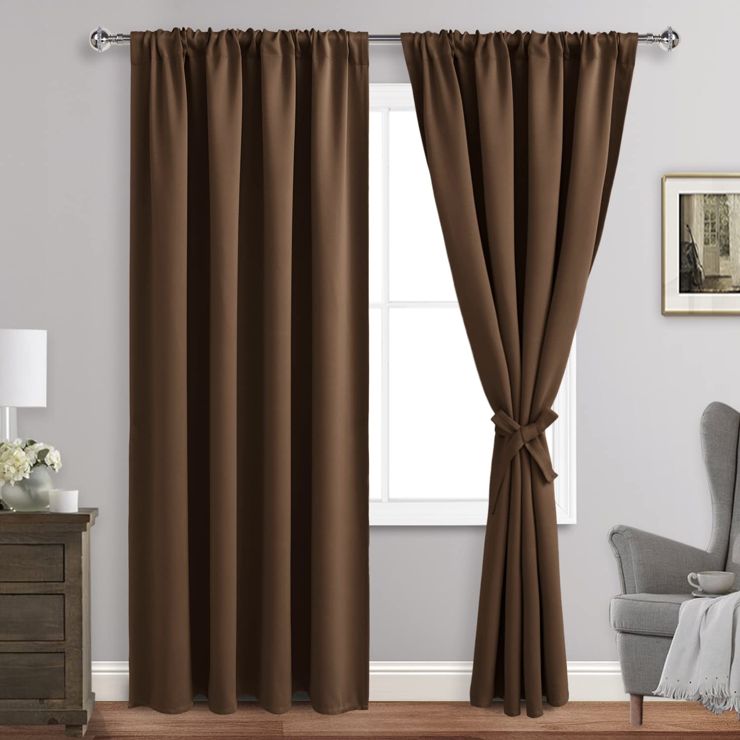 Blackout Curtains for Bedroom & Living Room - Thermal Insulated, Noise Reducing, Room Darkening - 52 x 84 Inch, Set of 2 Panels with Tiebacks (Khaki) - Perfect for Home Theater, Nursery & Light Sleepers