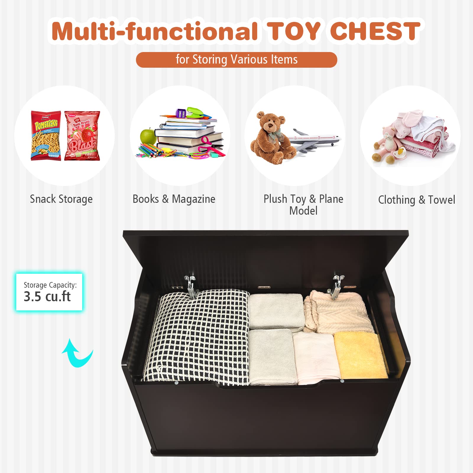 Costzon Modern Espresso Wooden Toy Chest with Bench Seat - Safe Finger-Pinch Prevention Lift-Top Storage Trunk for Kids' Bedroom, Playroom & Nursery - Multi-Functional Toy Organizer with Footrest for Entryway & Living Room