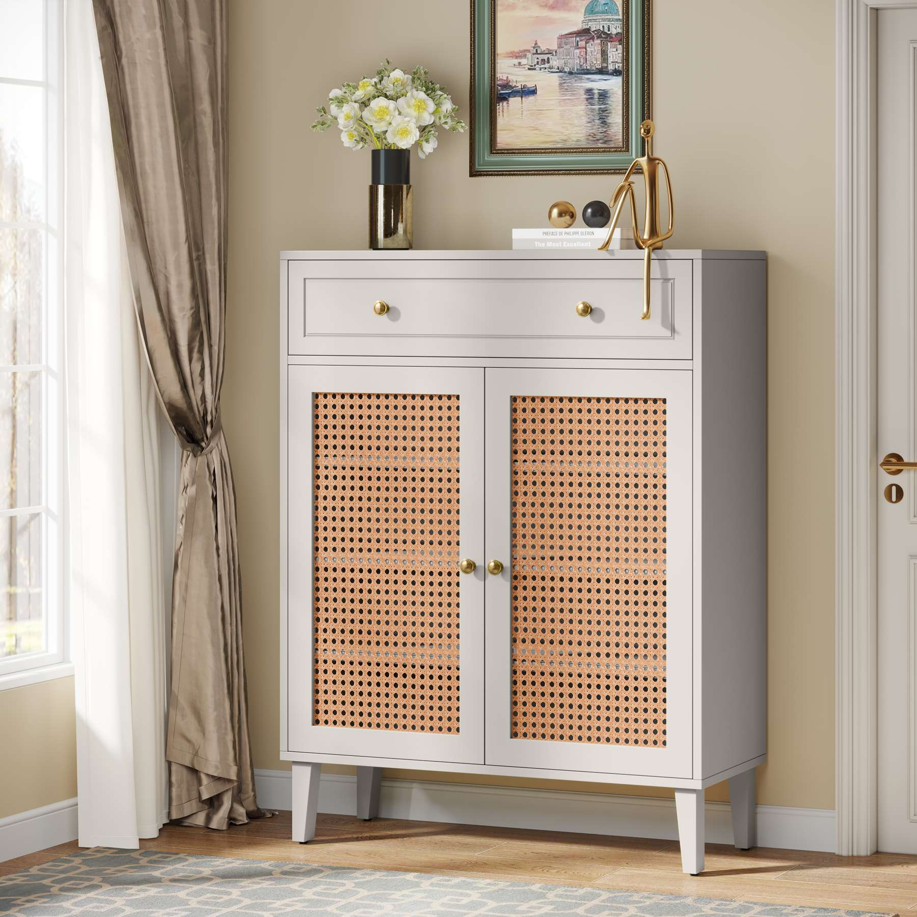 Solid Wood Shoe Cabinet with Rattan Doors & Drawer - Modern Entryway Shoe Storage Organizer for Hallway, Closet, or Mudroom Organization