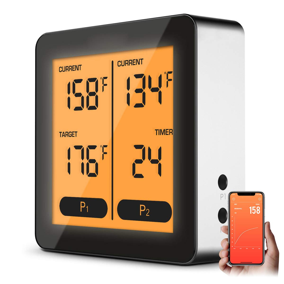 Wireless Meat Thermometer with Dual Probe for Grilling, BBQ & Baking - Large LCD Display, Dual Alarm Timer, Smart Instant Read Cooking Thermometer for Steak, Turkey, Chicken & Oven Use
