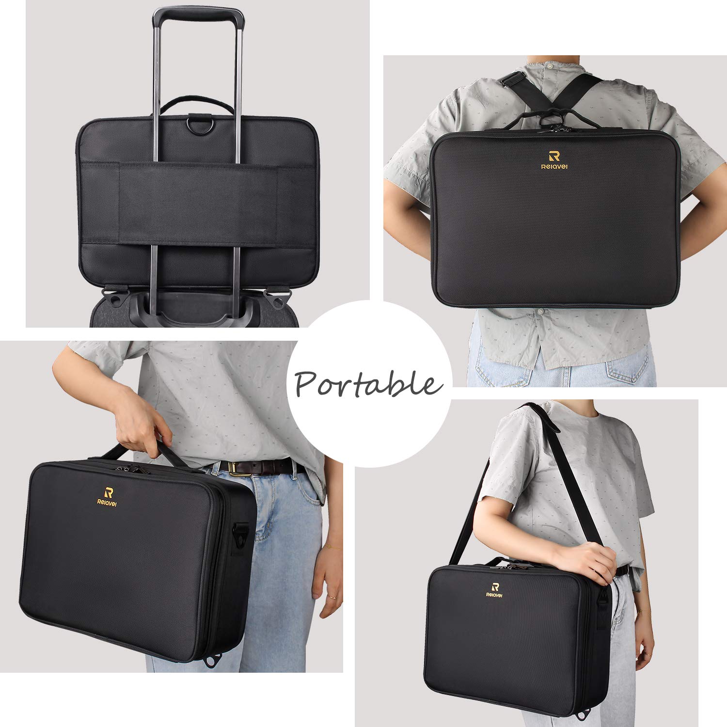 Relavel Large Professional Makeup Train Case - 16.5 Inch Waterproof Cosmetic Organizer with Adjustable Strap, 3-Layer Brush Holder & Storage Box for Travel, Makeup Artists & Beauty Enthusiasts | Perfect for Salon, Home Use & On-The-Go Touchups
