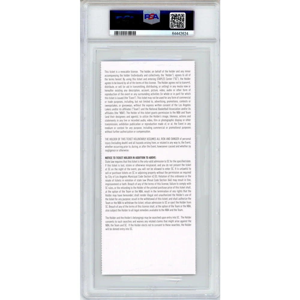 Kobe Bryant Dear Basketball Retirement Authentic Ticket 11/29/15 PSA 9 Lakers - Rare Collectible for NBA Fans & Sports Memorabilia Enthusiasts - Perfect for Display in Home, Office, or Man Cave