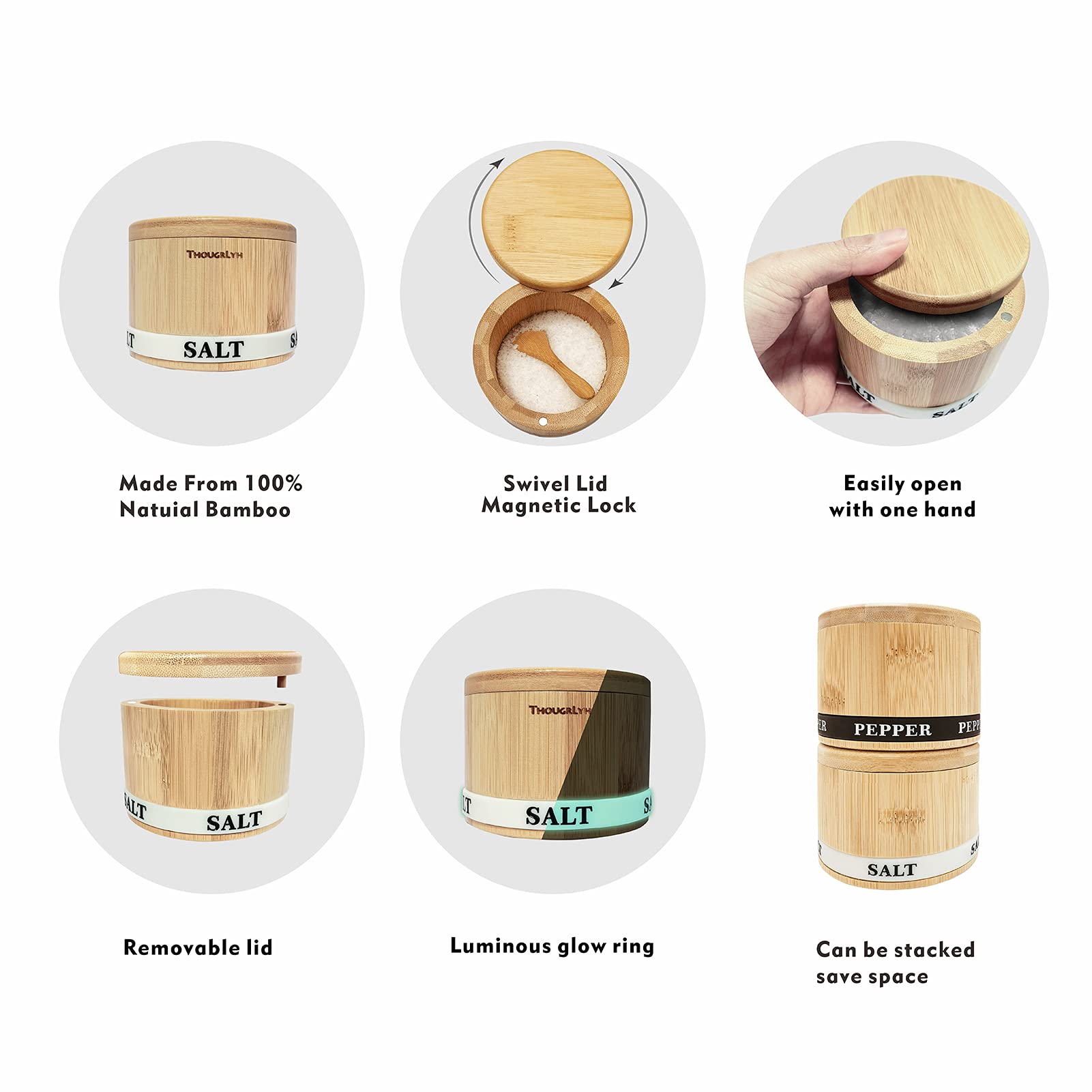 Premium Bamboo Salt and Pepper Shaker Set with Swivel Lid & 2 Stainless Steel Spoons - 13oz Kitchen Spice Dispenser for Dining Table, BBQ, Camping & Home Cooking