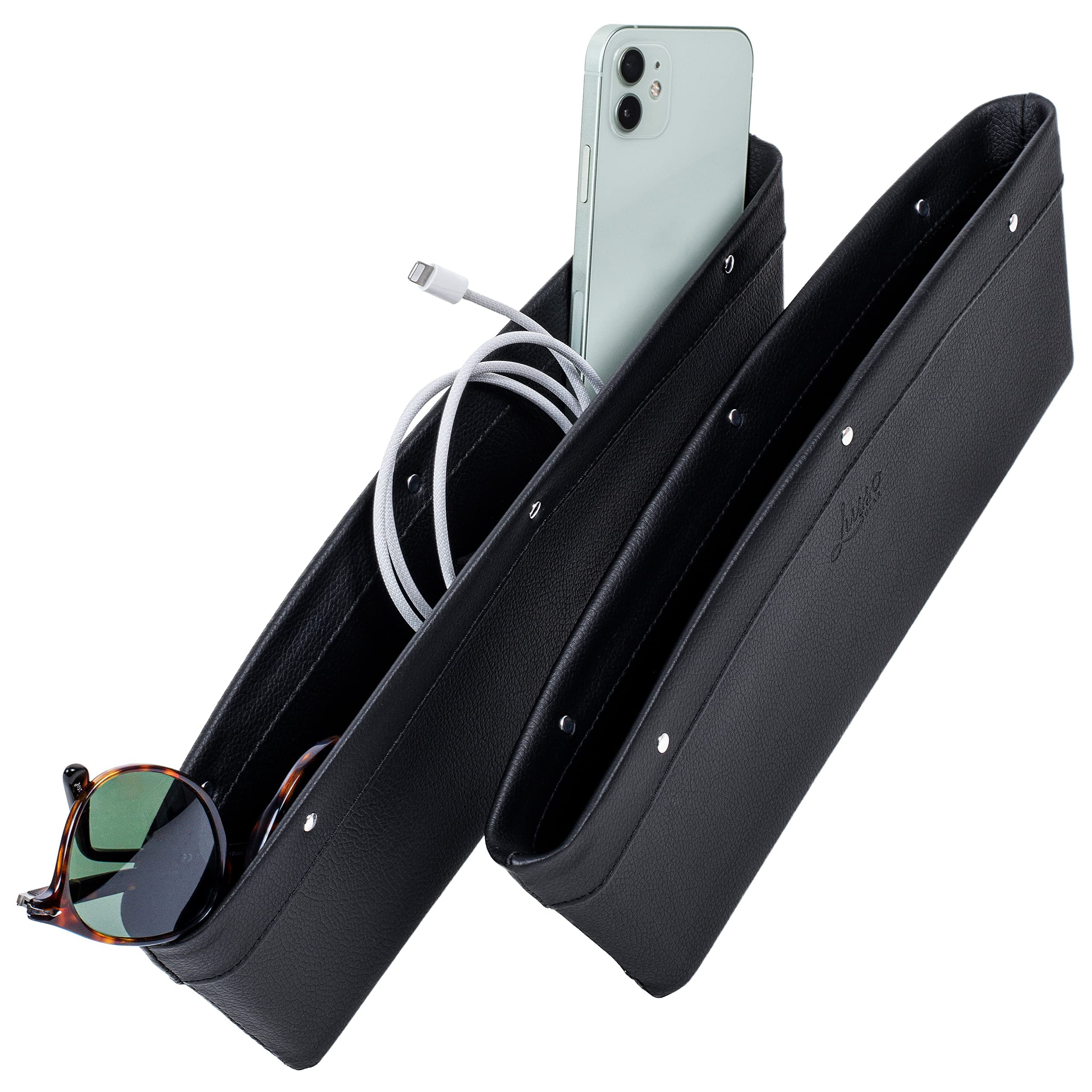 Lusso Gear Car Seat Gap Filler & Organizer (2 Pack) – Universal Fit for Most Vehicles, Premium Vegan Leather – Holds Phone, Keys, Wallet & Sunglasses – Car Accessories for Organization – Perfect for Road Trips, Commuting & Family Travel