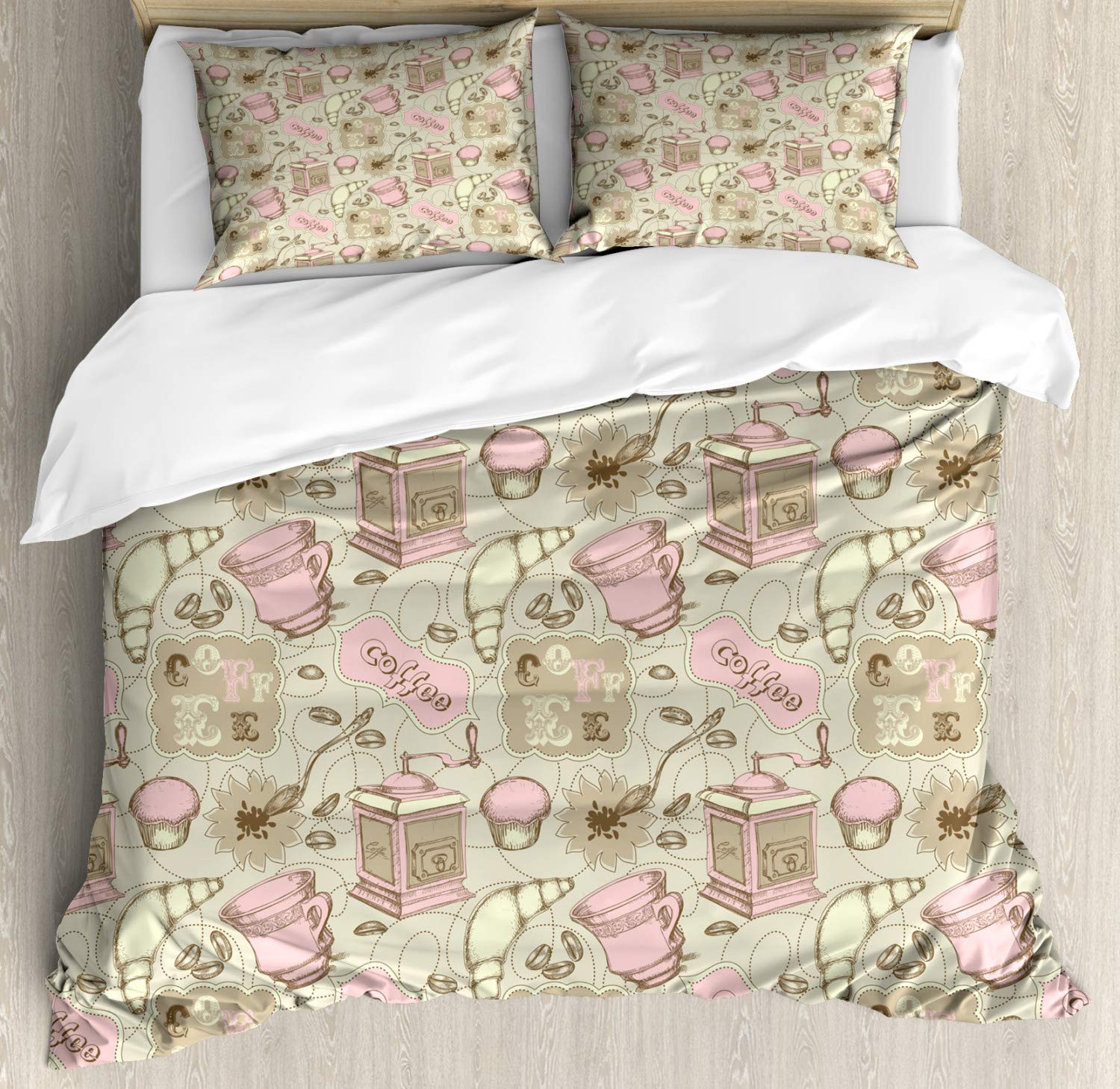 Ambesonne Cartoon Duvet Cover Set - Modern Abstract Tea Pots, Cups, Cakes & Croissants Bakery Design, 2-Piece King Size Bedding Set with 4 Pillowcases in Grey, Pale Pink & White - Perfect for Kids' Rooms, Guest Bedrooms & Cozy Home Decor
