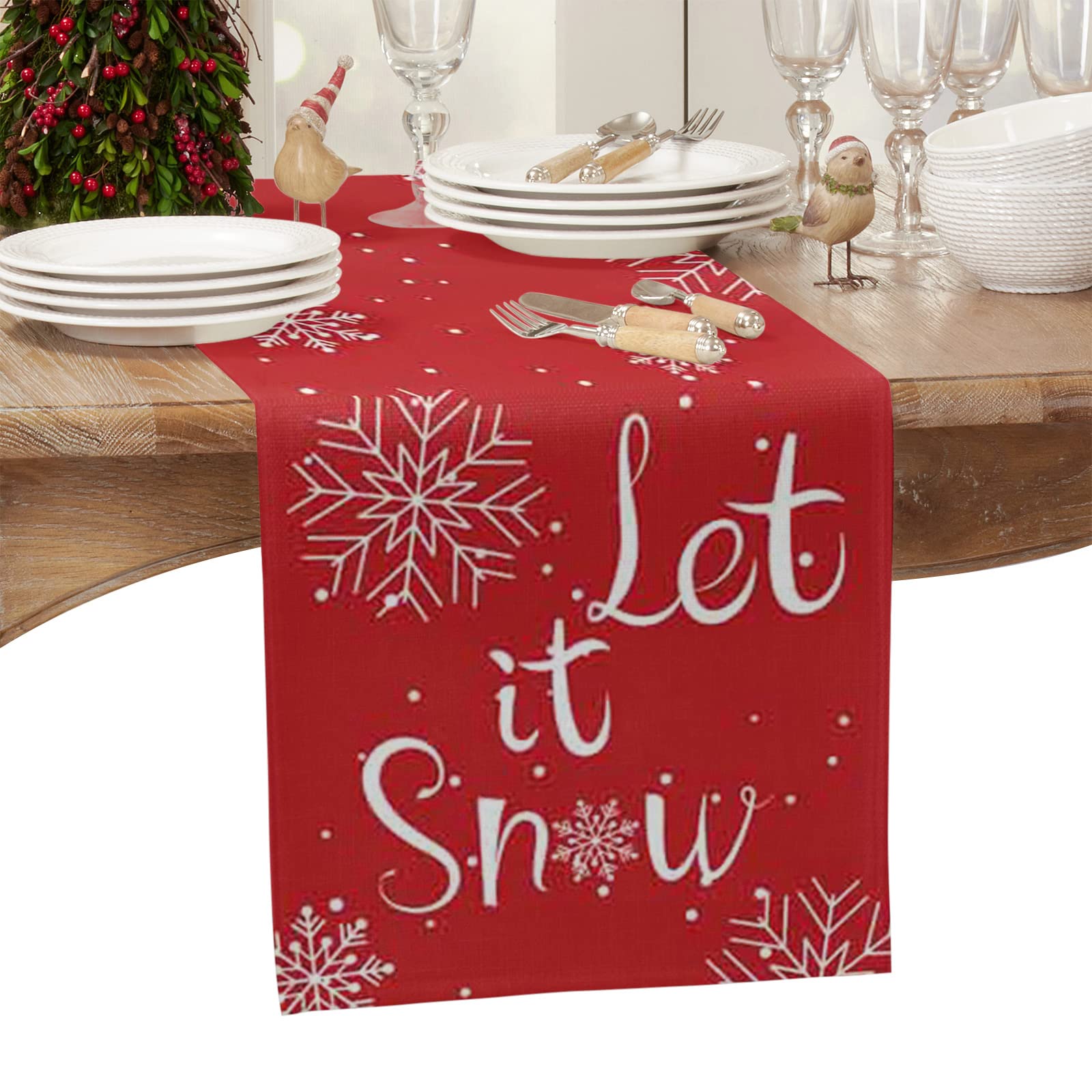 72 Inch Christmas Table Runner - Cotton Linen Holiday Dining Table Decor with Red Snowflake Design, Let It Snow Theme for Christmas, Rustic Xmas Table Scarf (13