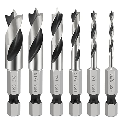 6 Pcs Brad Point Stubby Drill Bit Set - 1/4 Inch Quick Change Hex Shank Twist Bits for Wood & Metal - Perfect for DIY Projects, Furniture Making & Precision Drilling
