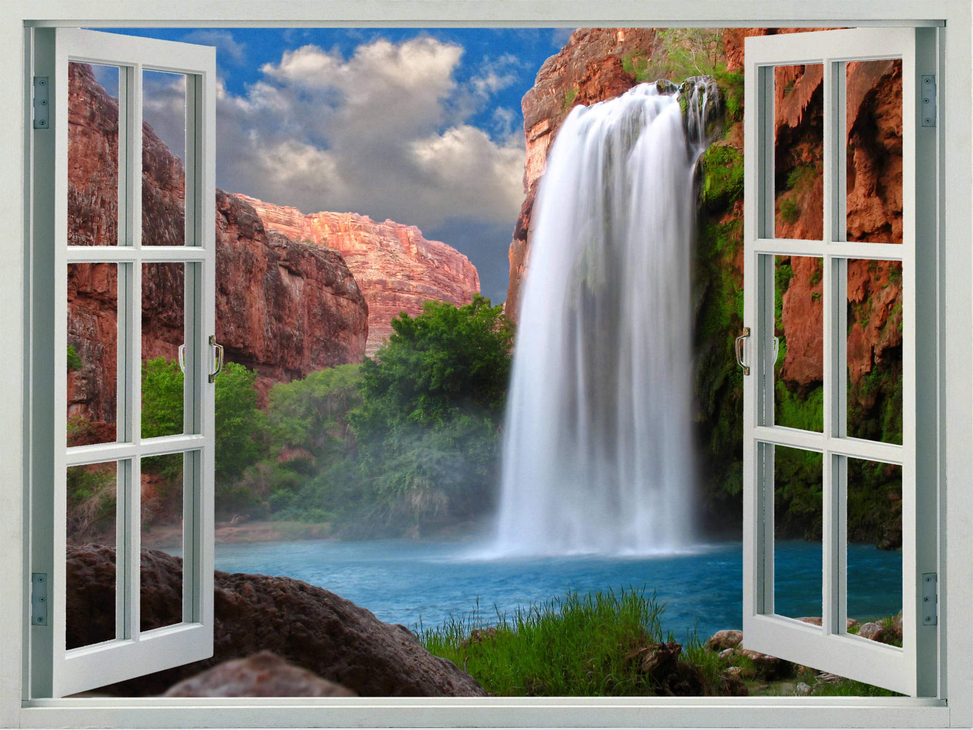 Peel & Stick Faux Window Wall Decal - Lake Havasu Waterfall Scenery (36