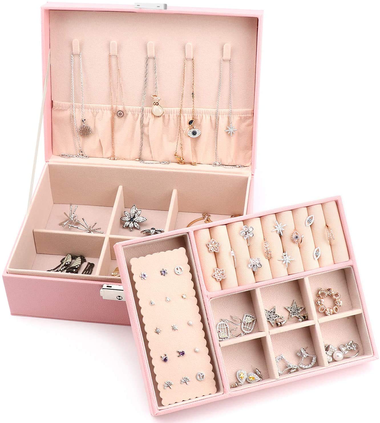 Best Jewelry Box Organizer for Women - 2-Layer Lockable Jewelry Storage Case with Soft Velvet Lining, Ring Earrings Holder & Necklace Bracelet Display - Perfect Gift for Women & Girls (Pink) - Ideal for Bedroom Vanity, Travel & Jewelry Organization